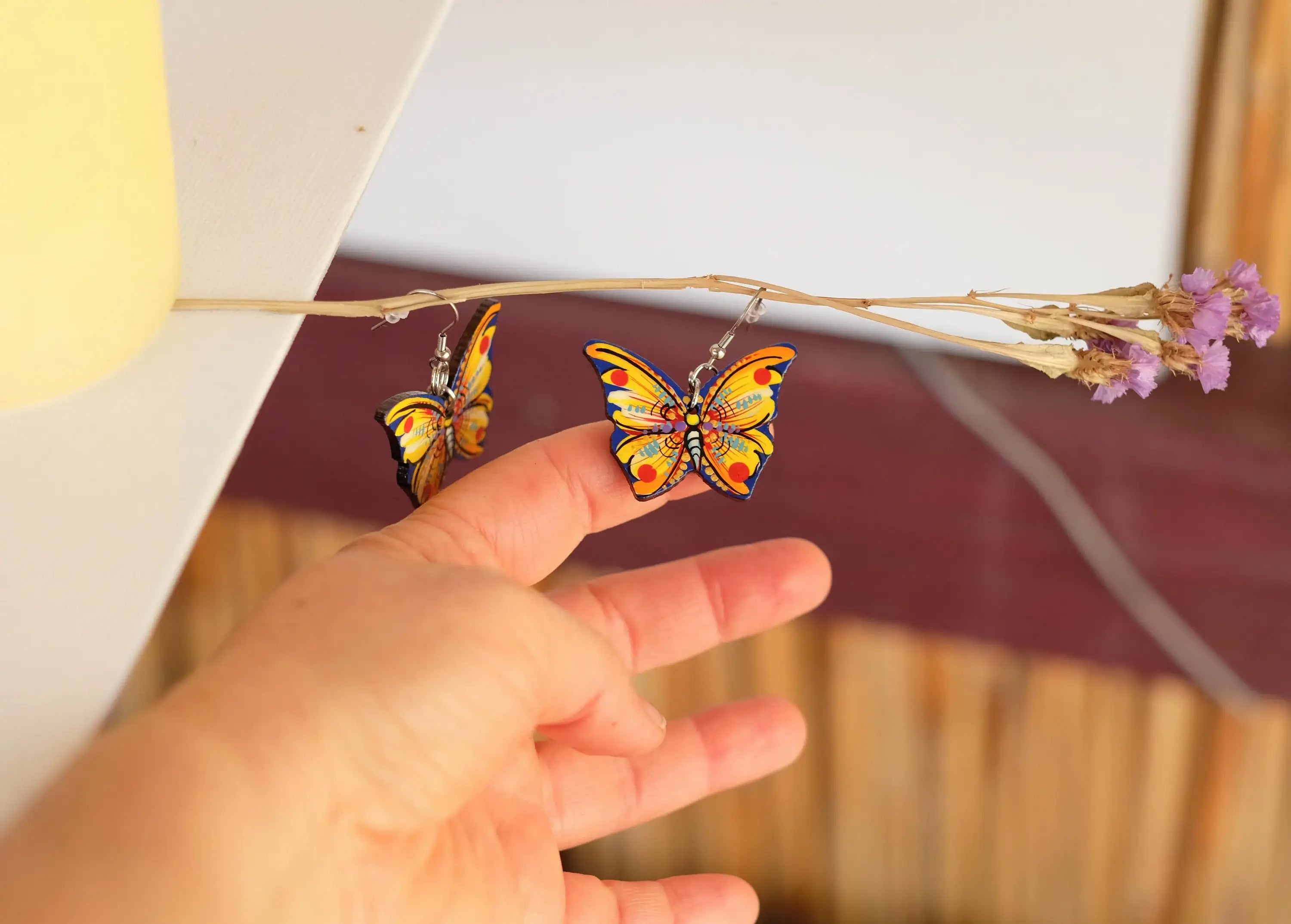 Hypoallergenic Painted Wooden Butterfly Earrings - Artisanal Dangle Drop Orange Statement Earrings