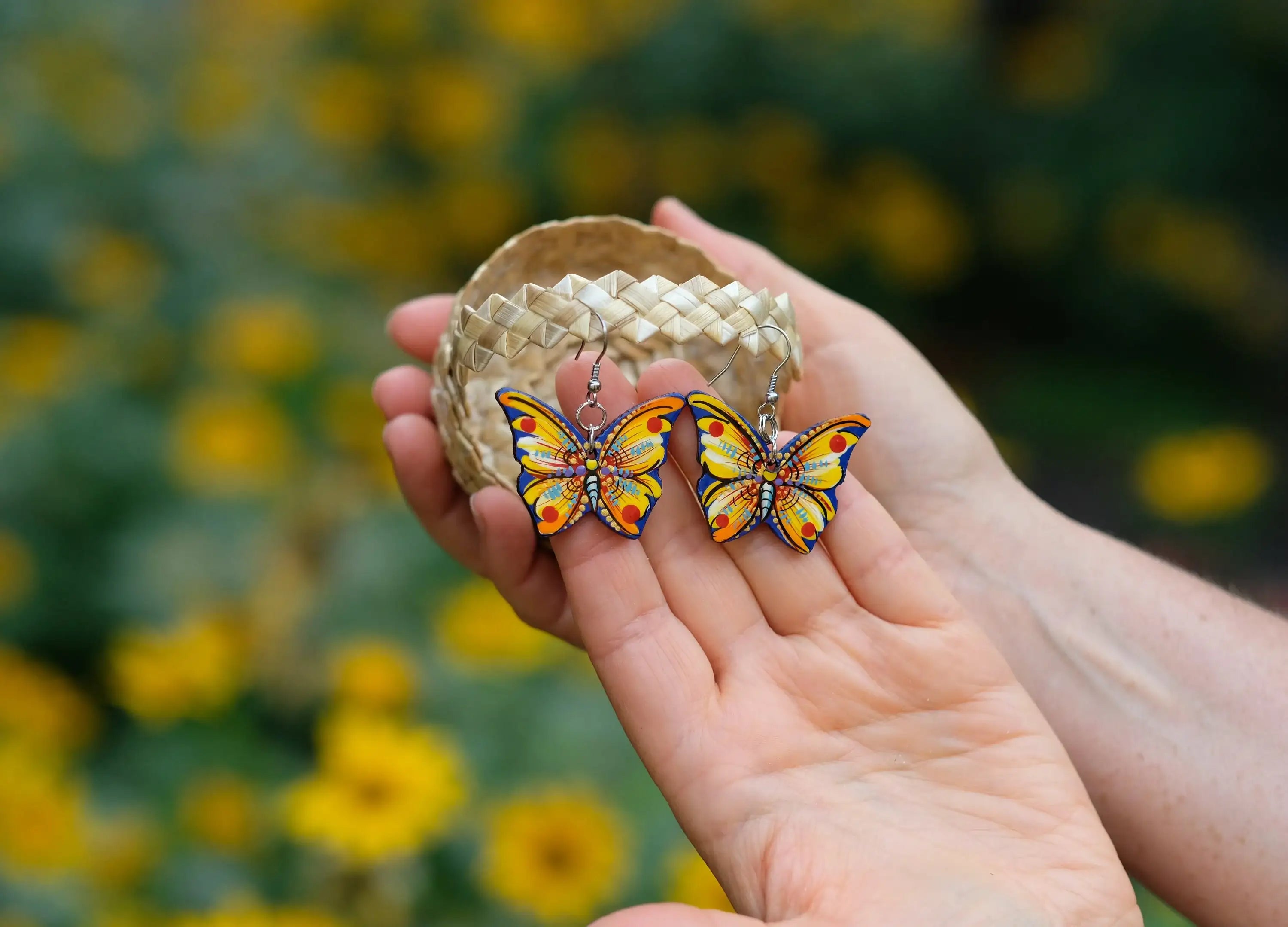 Hypoallergenic Painted Wooden Butterfly Earrings - Artisanal Dangle Drop Orange Statement Earrings
