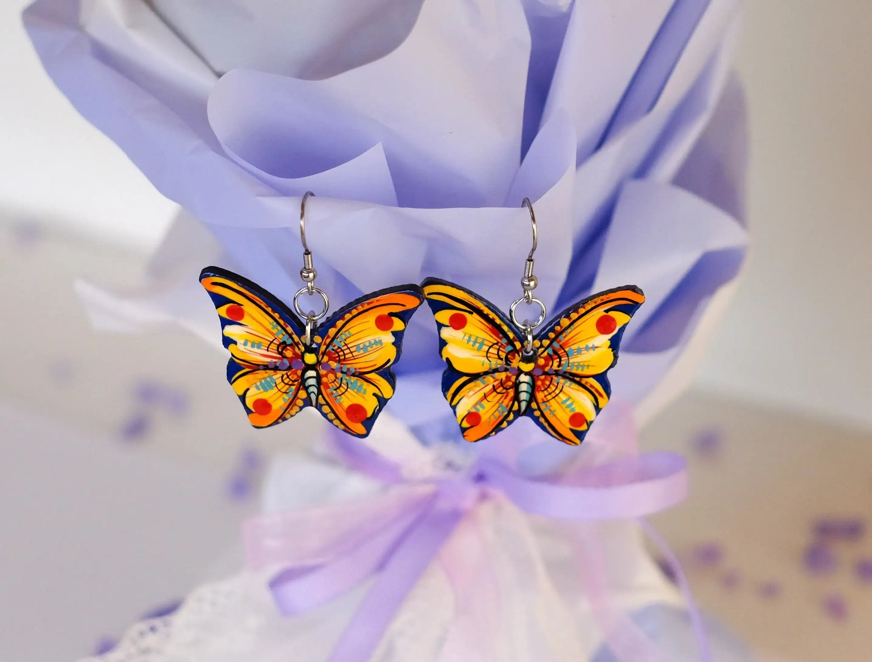 Hypoallergenic Painted Wooden Butterfly Earrings - Artisanal Dangle Drop Orange Statement Earrings