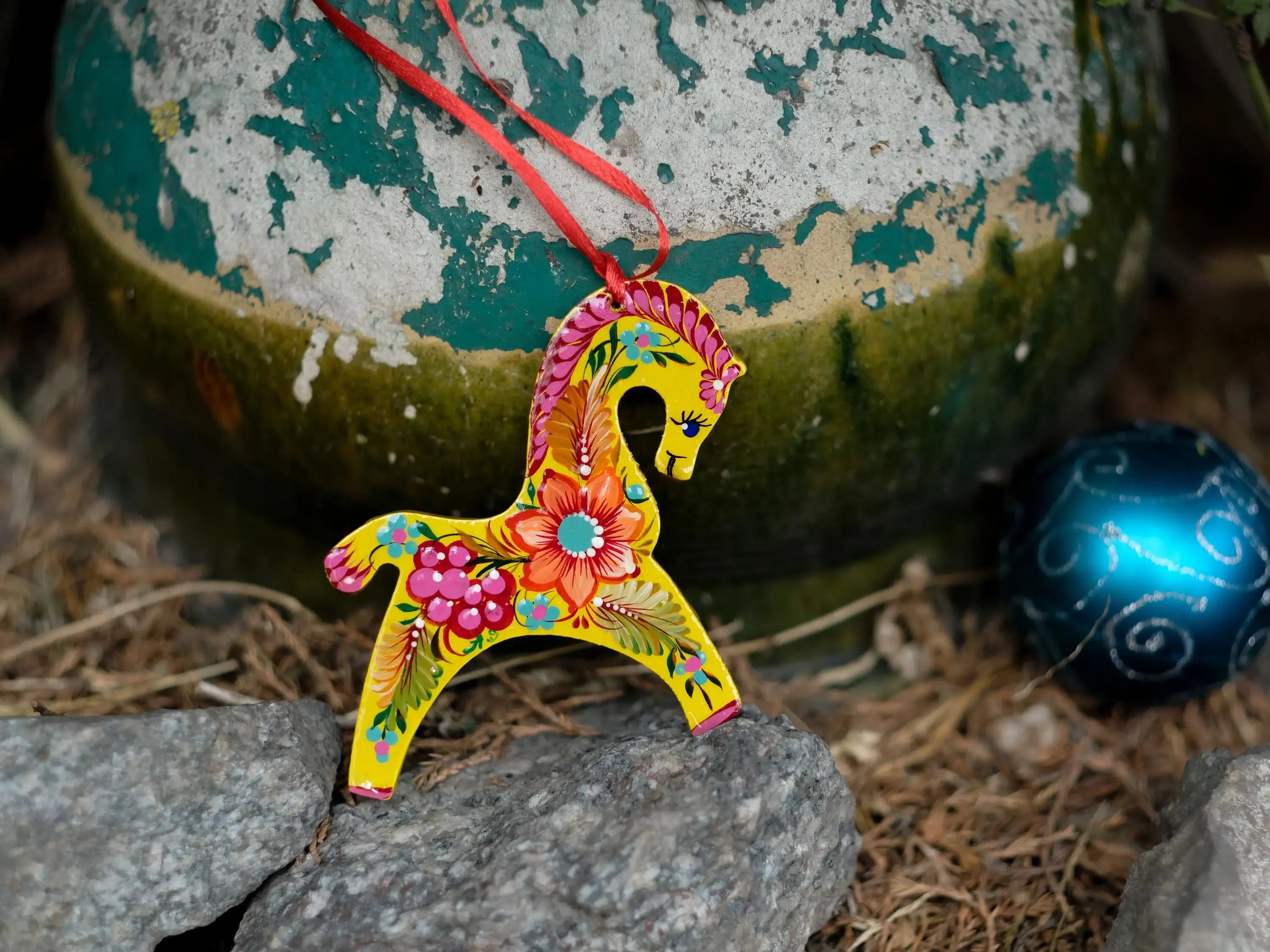Flower Horse Christmas Ornament Painted on Wood