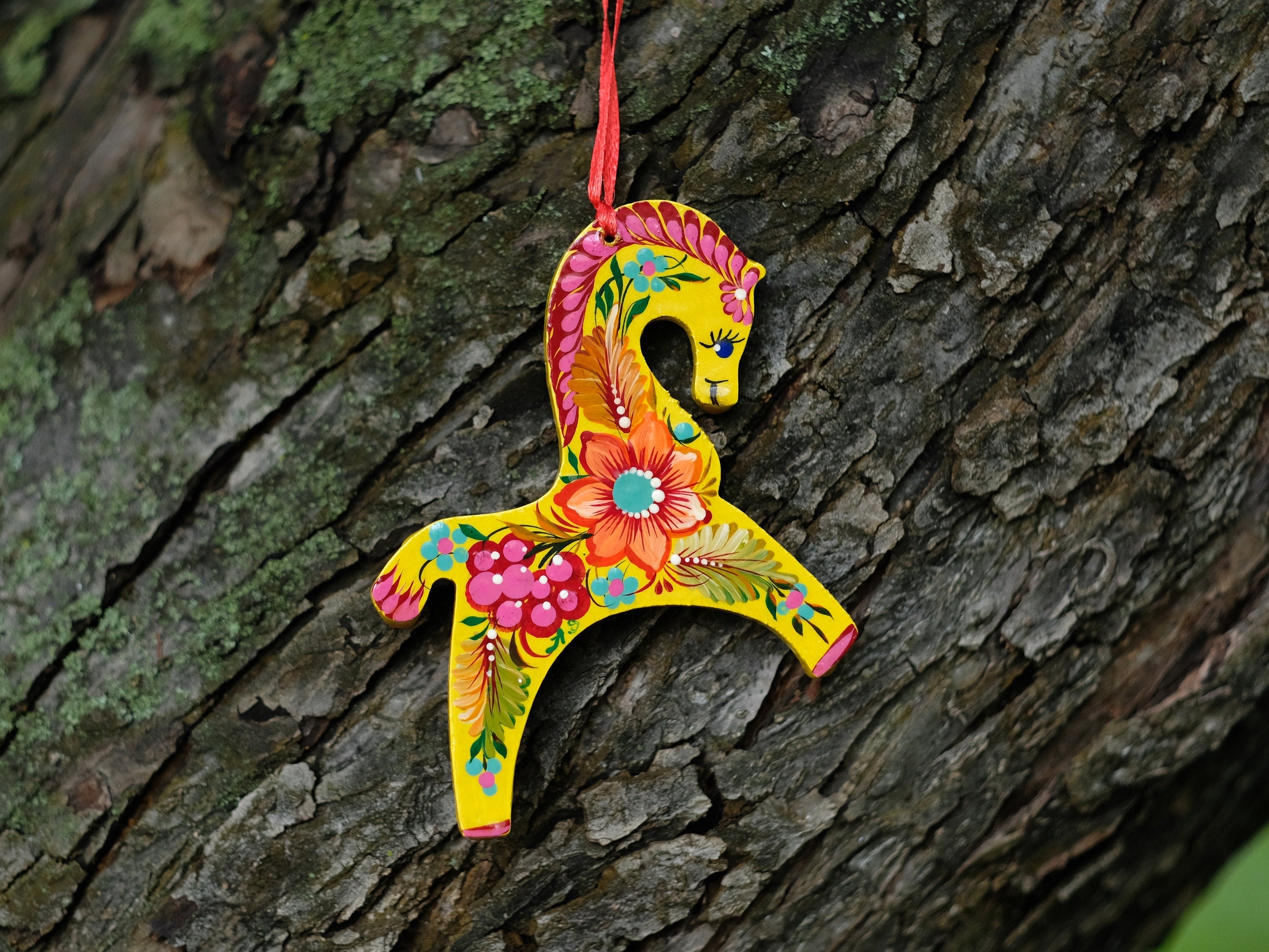 Flower Horse Christmas Ornament Painted on Wood