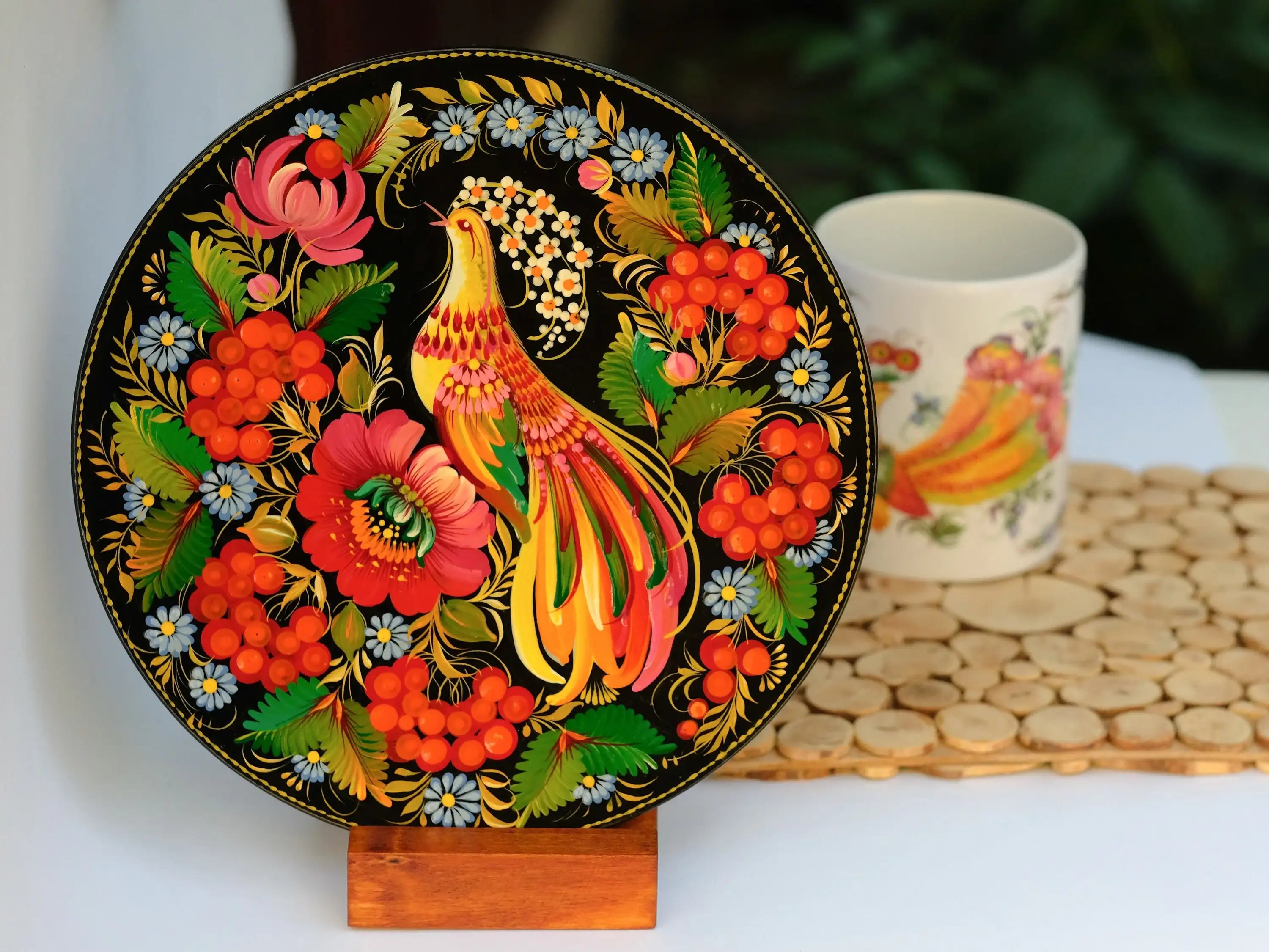 Decorative wooden plate 7.9 in, Hand-painted Ukrainian wall plate, Fairy bird plate painted with Petrykivka painting, Ukraine folk art plate