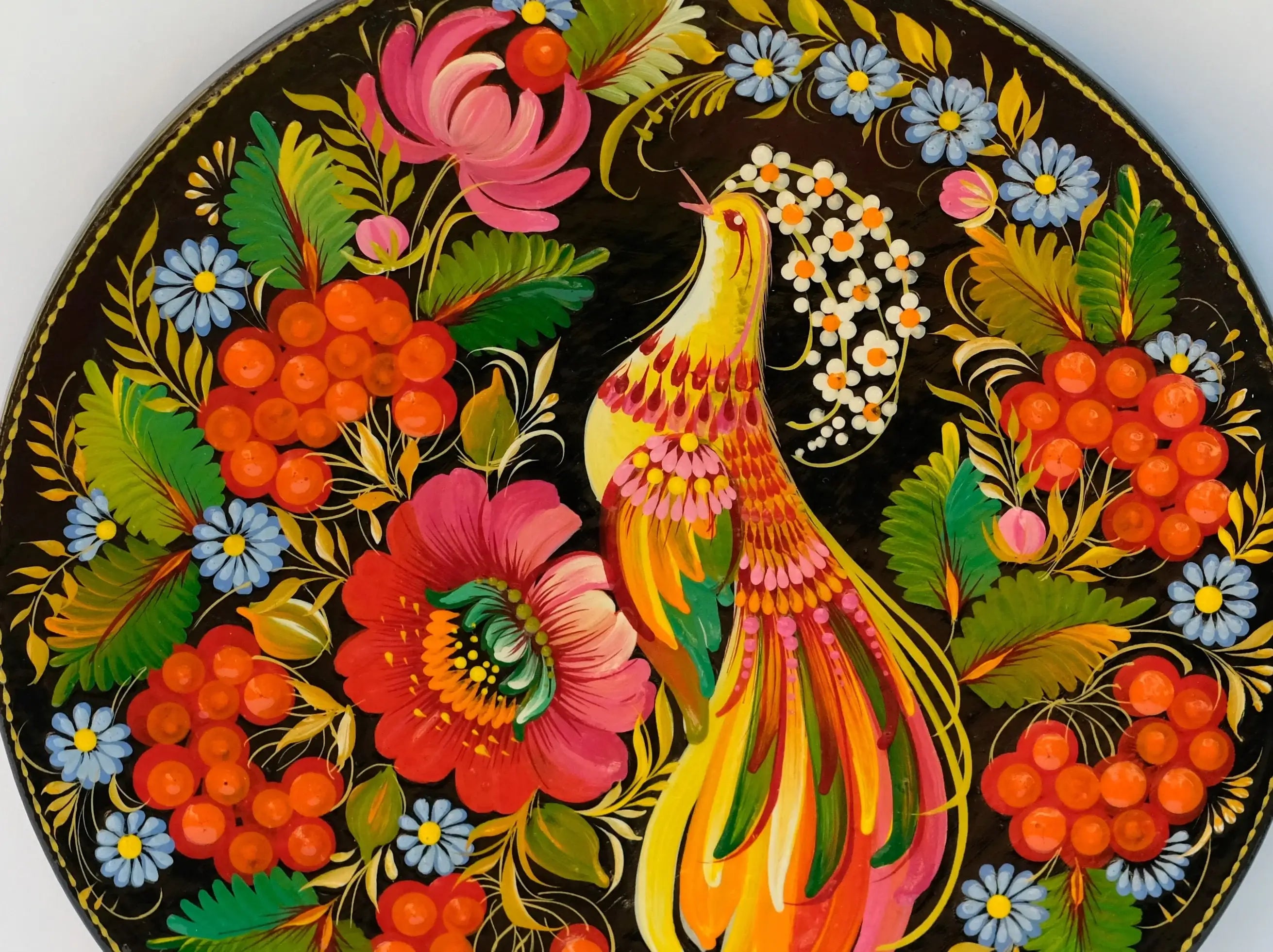 Decorative wooden plate 7.9 in, Hand-painted Ukrainian wall plate, Fairy bird plate painted with Petrykivka painting, Ukraine folk art plate