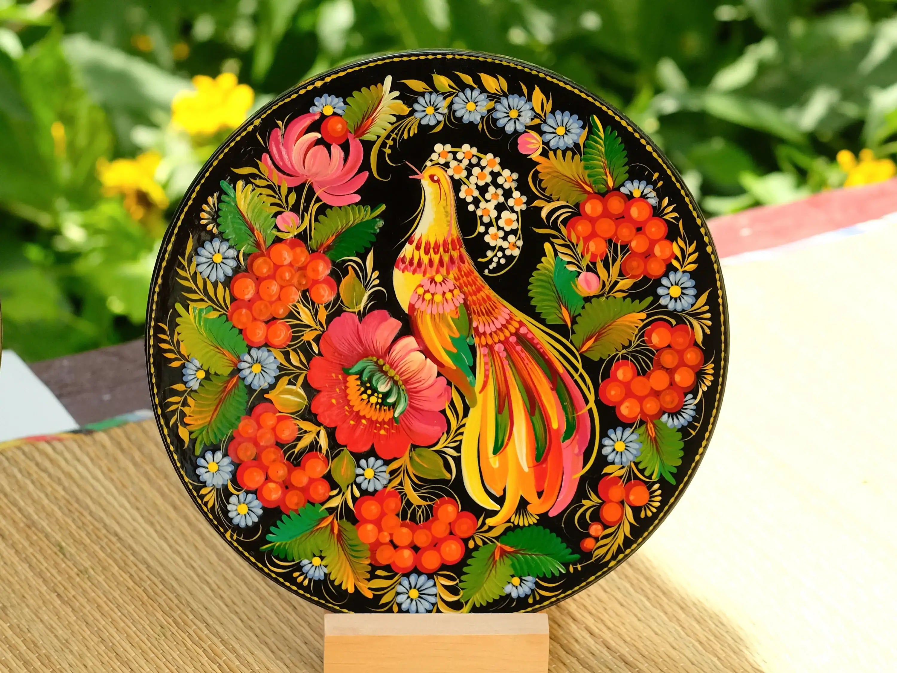 Decorative wooden plate 7.9 in, Hand-painted Ukrainian wall plate, Fairy bird plate painted with Petrykivka painting, Ukraine folk art plate