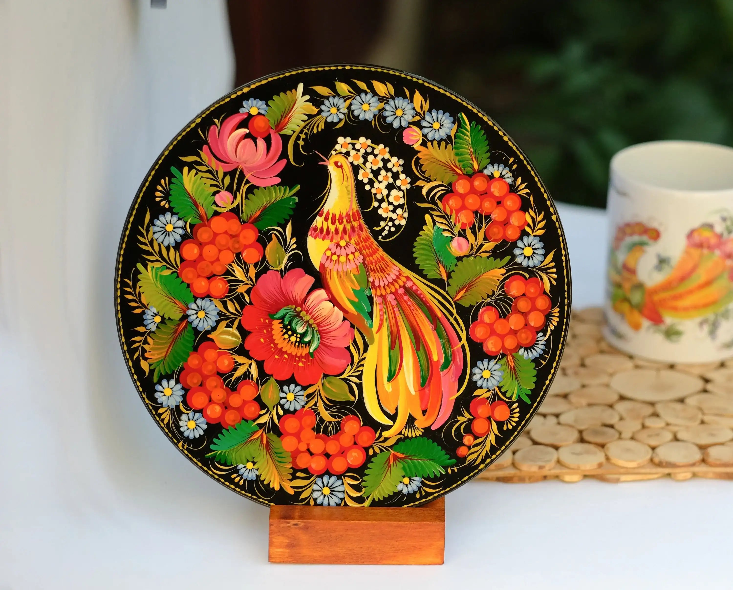 Decorative wooden plate 7.9 in, Hand-painted Ukrainian wall plate, Fairy bird plate painted with Petrykivka painting, Ukraine folk art plate