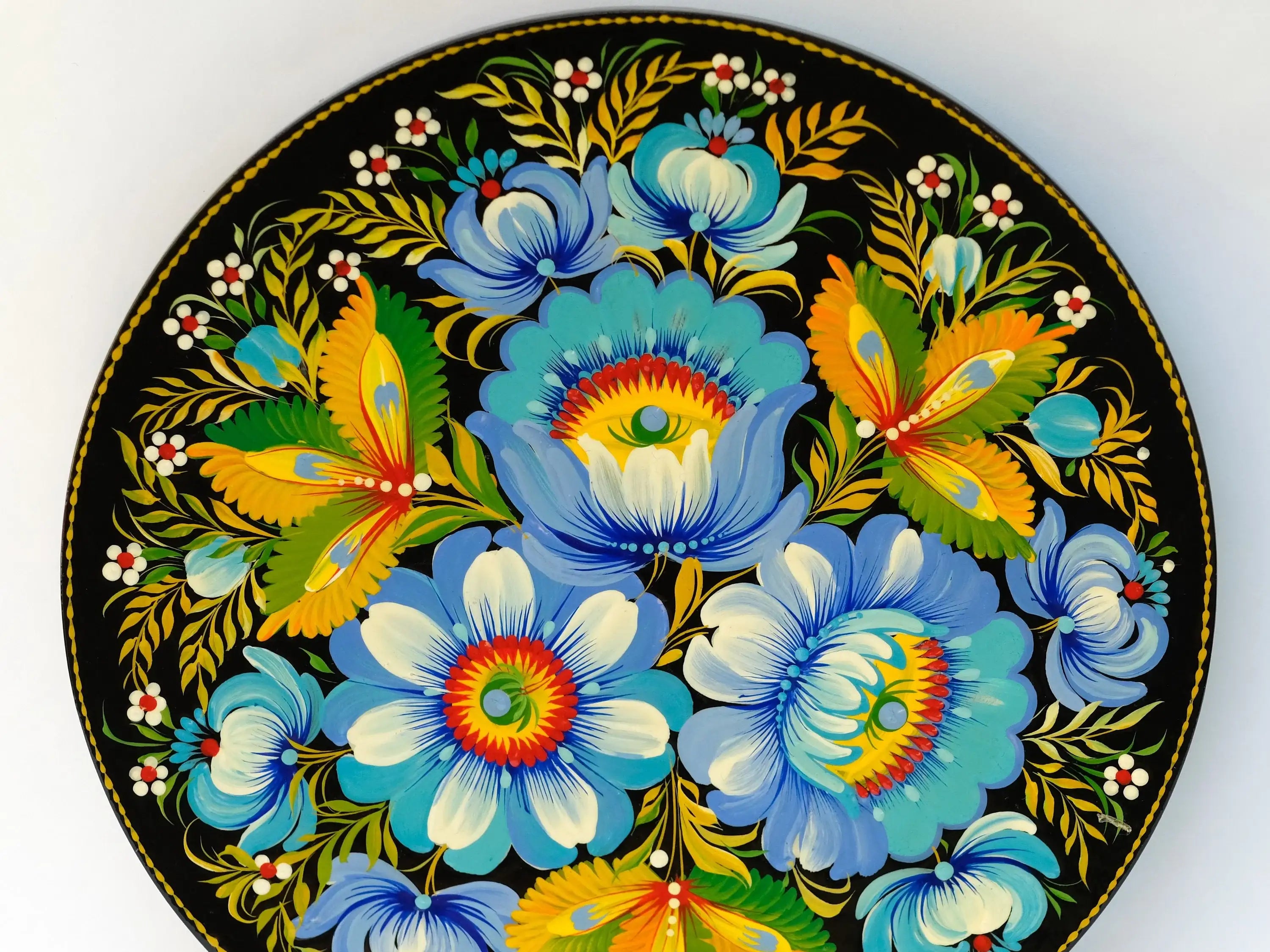 Decorative wooden plate 5.9 in, Hand-painted Ukrainian wall plate, Blue flower plate painted with Petrykivka painting, Ukraine folk plate