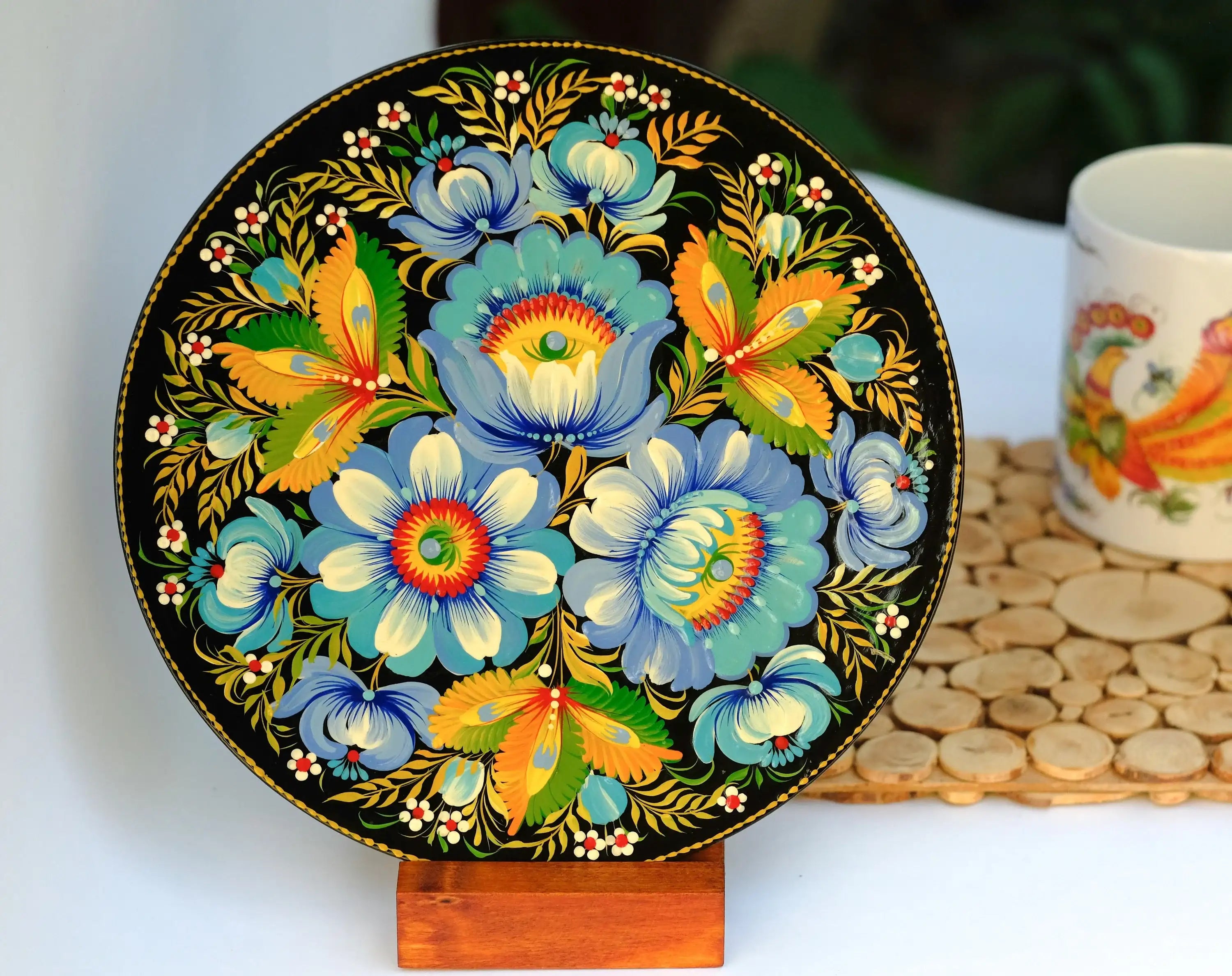Decorative wooden plate 5.9 in, Hand-painted Ukrainian wall plate, Blue flower plate painted with Petrykivka painting, Ukraine folk plate