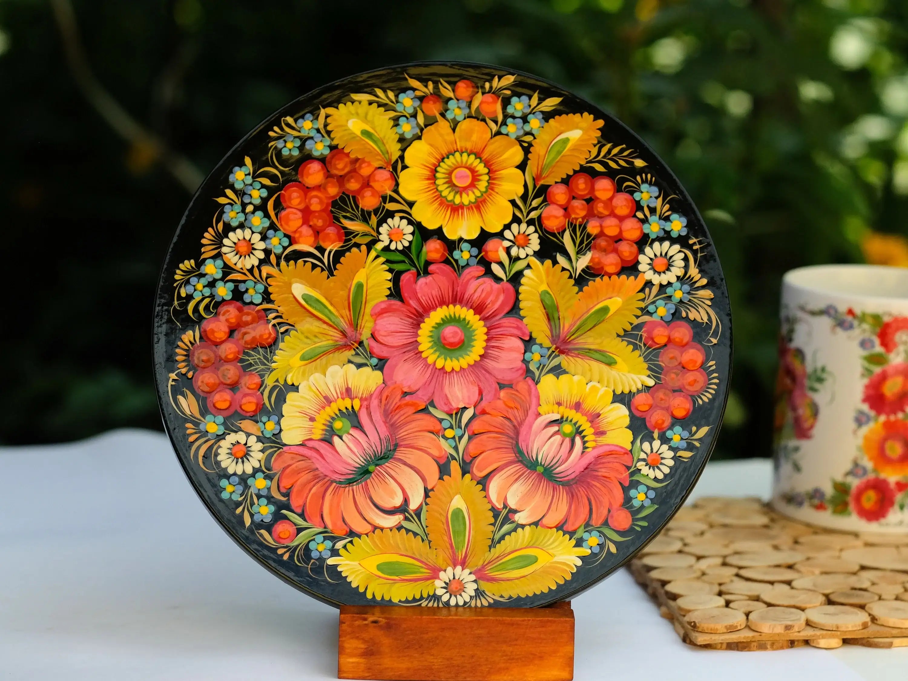 Decorative wooden plate 7.9 in, Hand-painted Ukrainian wall plate, Unique flower plate painted with Petrykivka painting, Ukraine folk plate