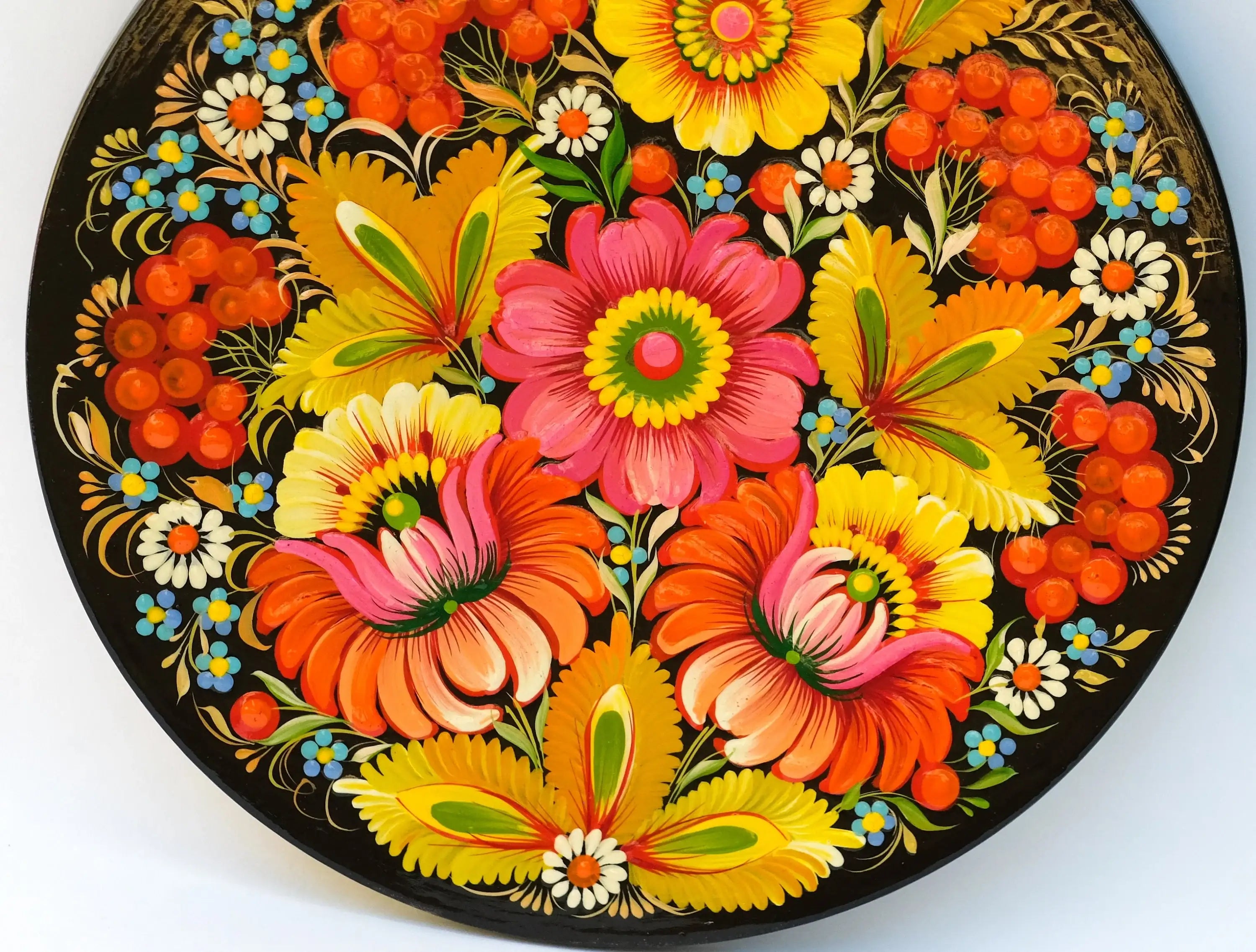 Decorative wooden plate 7.9 in, Hand-painted Ukrainian wall plate, Unique flower plate painted with Petrykivka painting, Ukraine folk plate