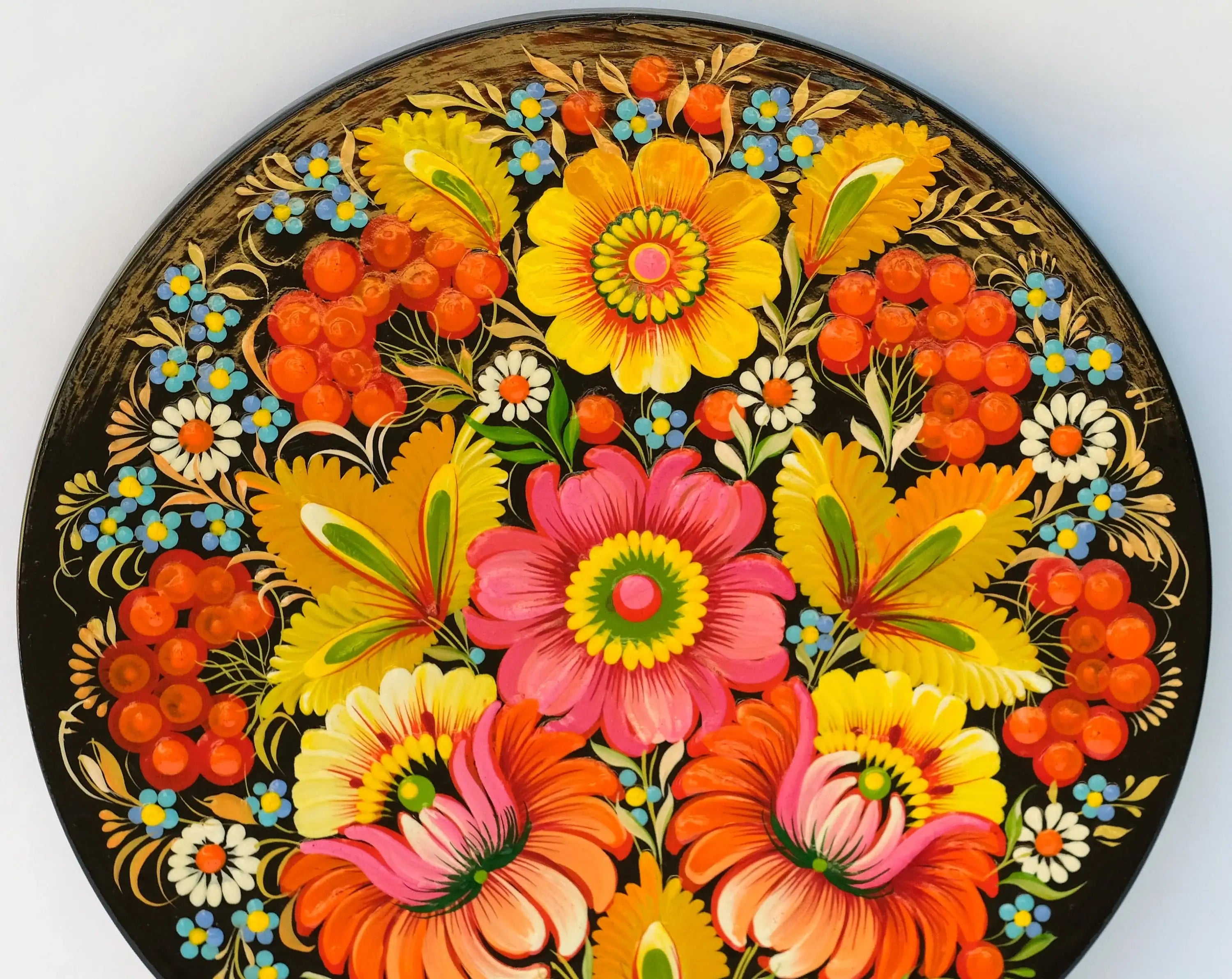 Decorative wooden plate 7.9 in, Hand-painted Ukrainian wall plate, Unique flower plate painted with Petrykivka painting, Ukraine folk plate