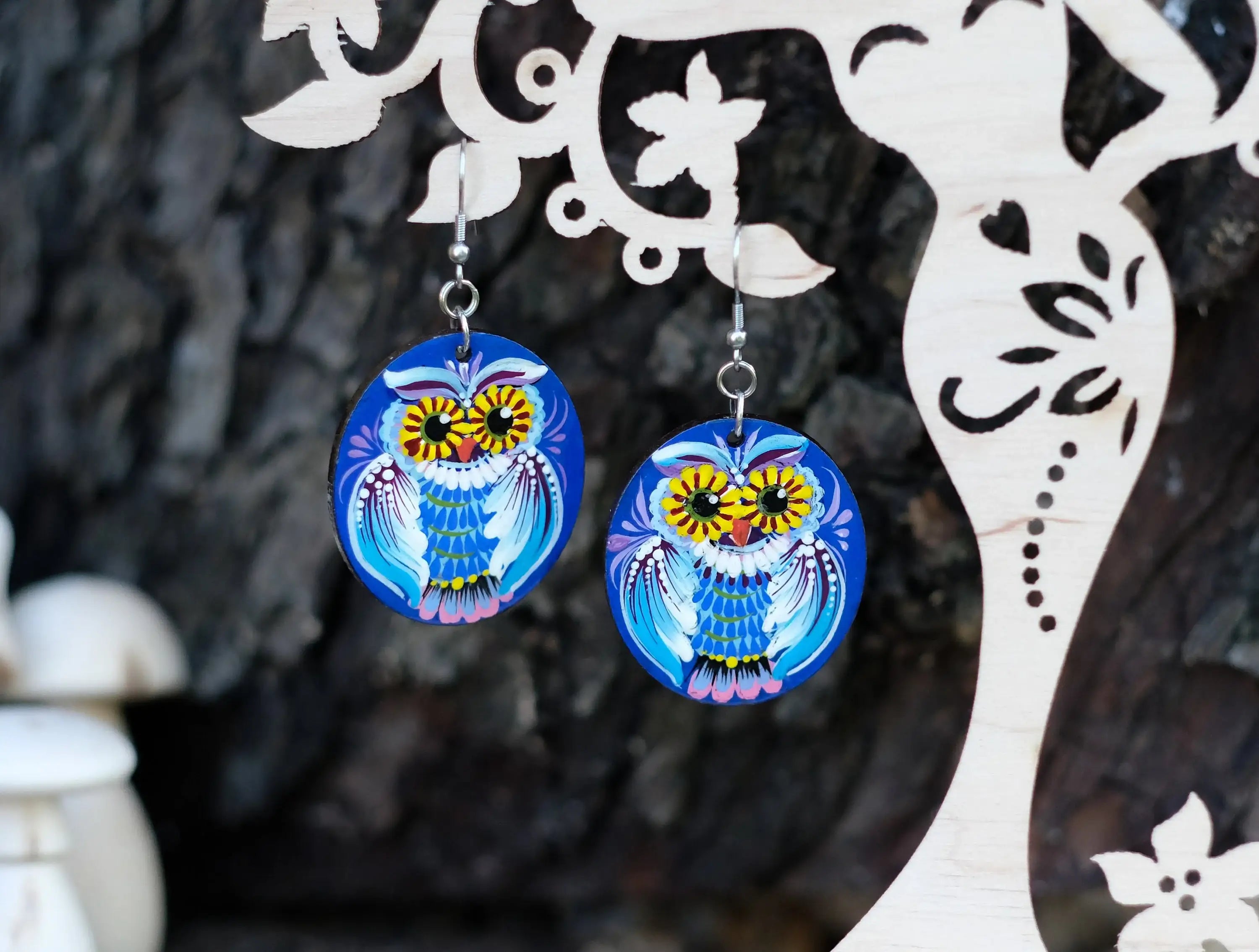 Painted Hypoallergenic Wooden Dangle Drop Owl Earrings - Petrykivka Art, Oval Blue Statement Earrings