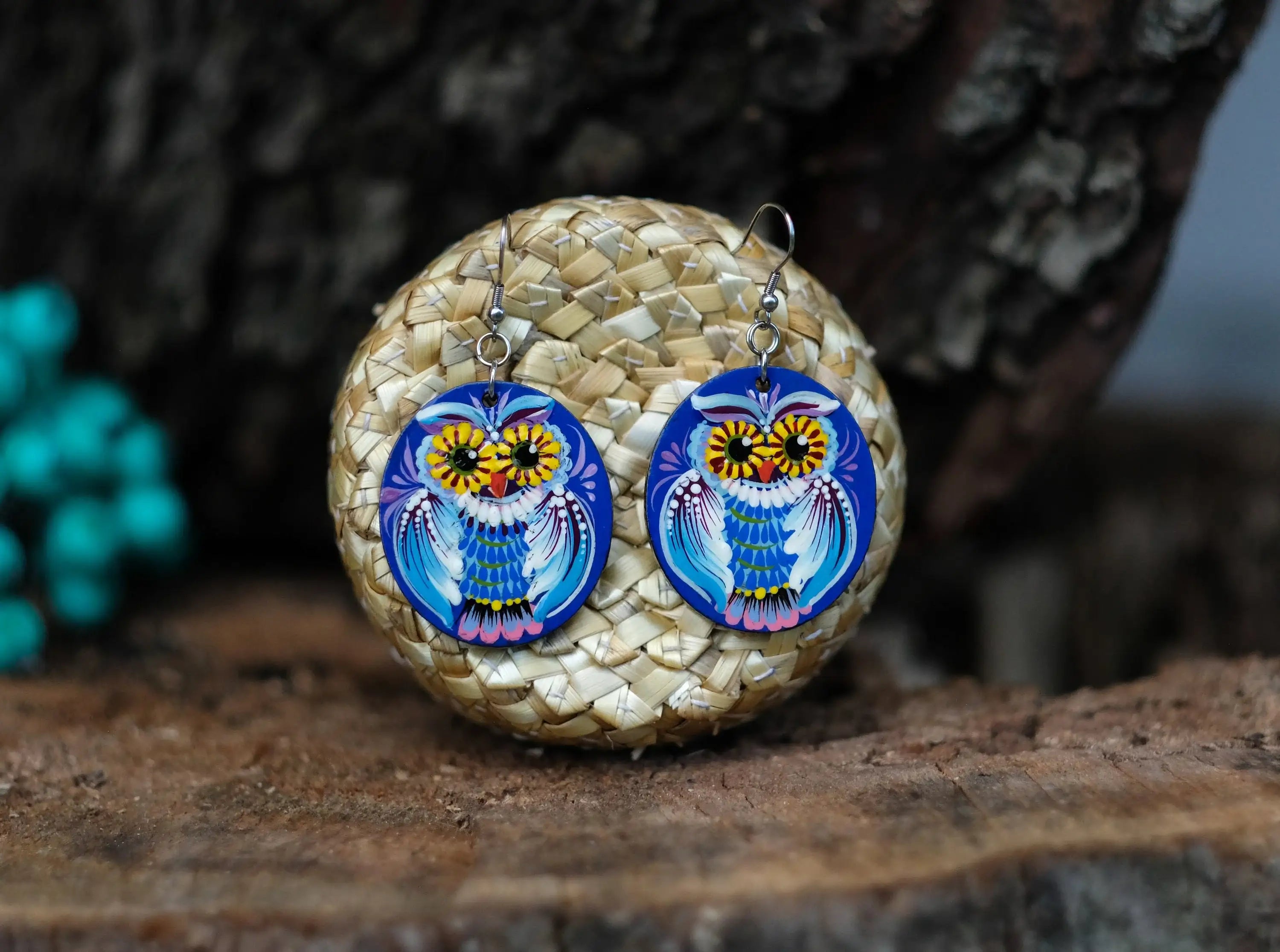 Painted Hypoallergenic Wooden Dangle Drop Owl Earrings - Petrykivka Art, Oval Blue Statement Earrings