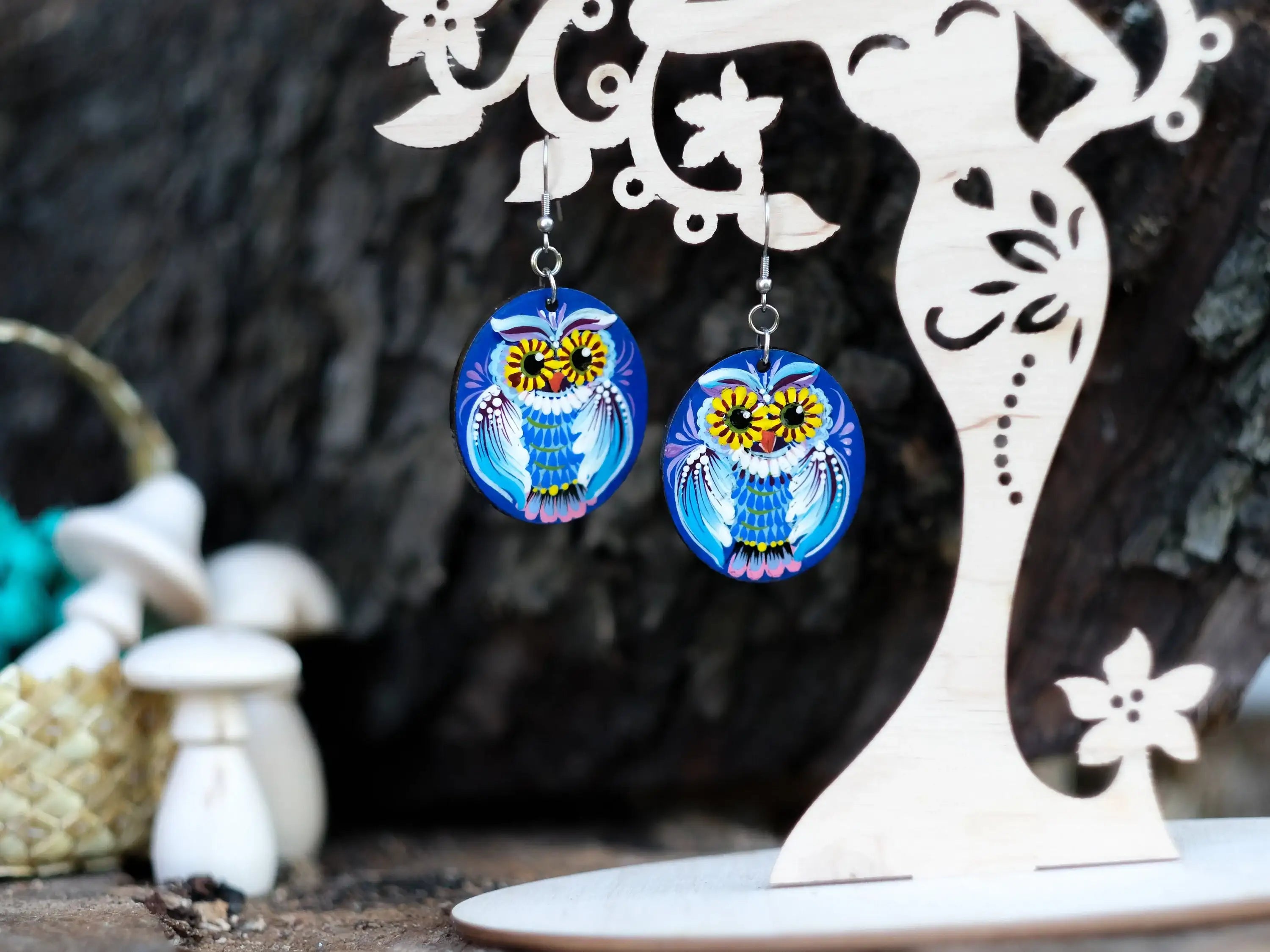 Painted Hypoallergenic Wooden Dangle Drop Owl Earrings - Petrykivka Art, Oval Blue Statement Earrings