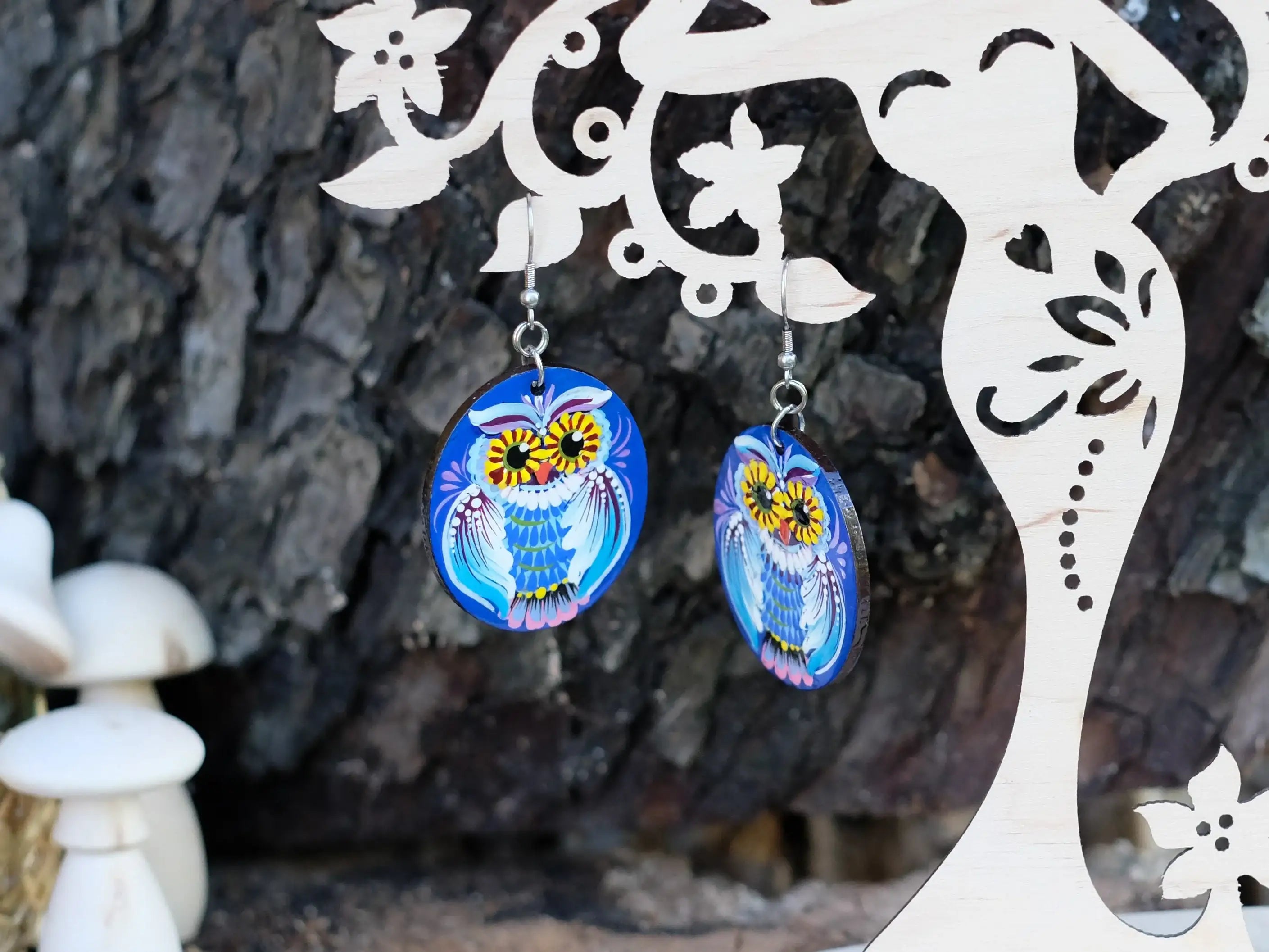 Painted Hypoallergenic Wooden Dangle Drop Owl Earrings - Petrykivka Art, Oval Blue Statement Earrings