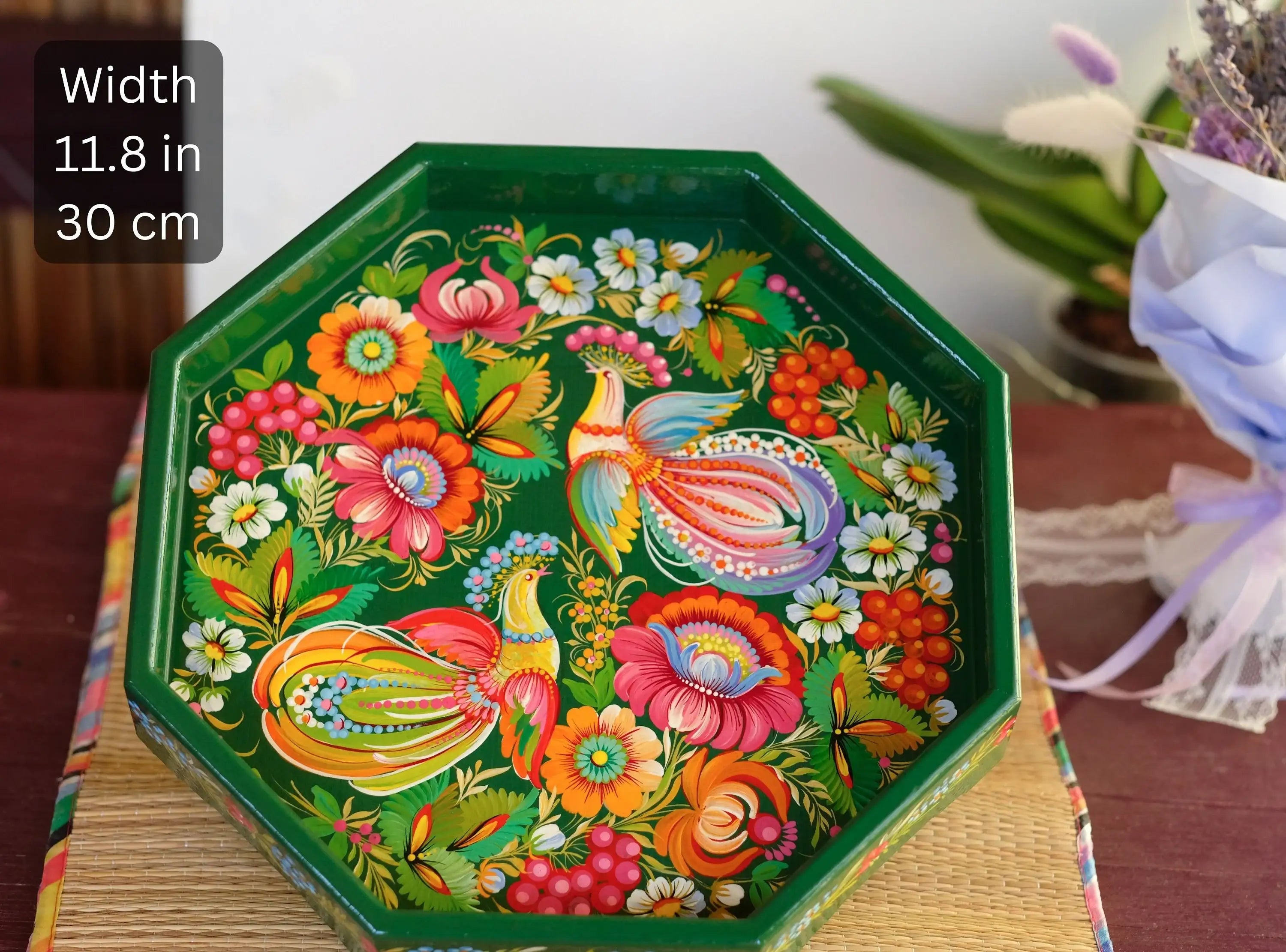 Wooden Coffee Table Tray 11.8 in - Hand-painted Emerald Green Ottoman Tray with Fairy Birds, Petrykivka Art