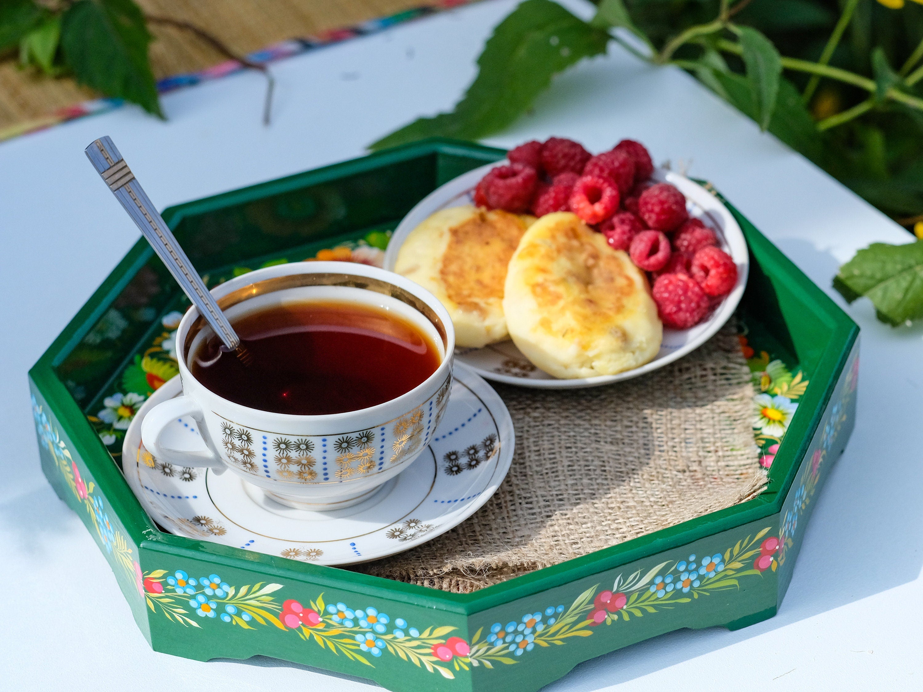 Wooden Coffee Table Tray 11.8 in - Hand-painted Emerald Green Ottoman Tray with Fairy Birds, Petrykivka Art