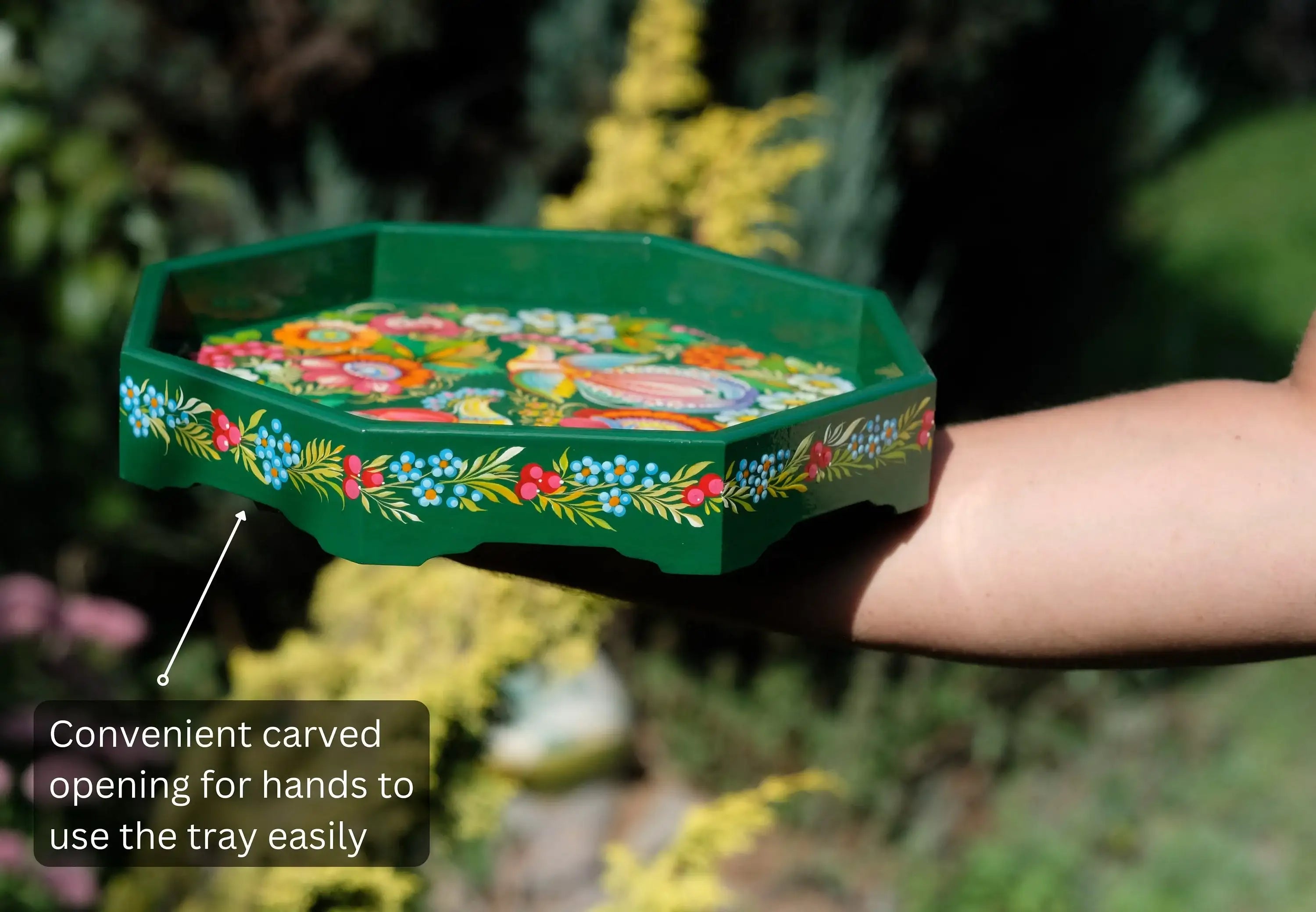 Wooden Coffee Table Tray 11.8 in - Hand-painted Emerald Green Ottoman Tray with Fairy Birds, Petrykivka Art