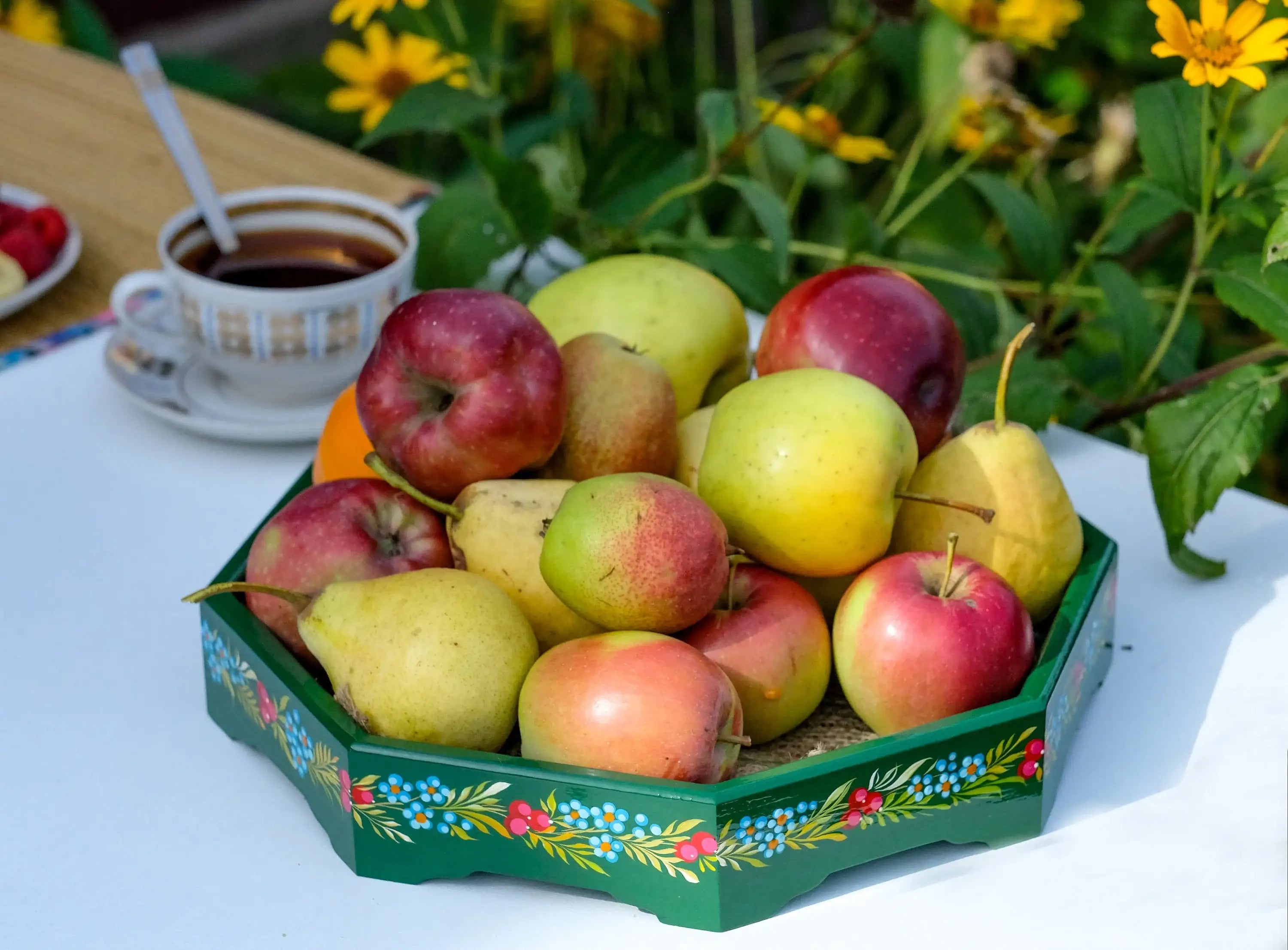 Wooden Coffee Table Tray 11.8 in - Hand-painted Emerald Green Ottoman Tray with Fairy Birds, Petrykivka Art