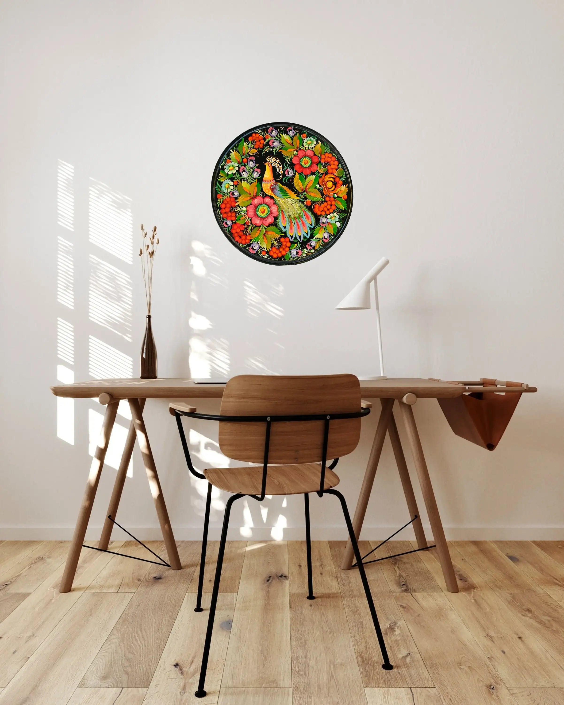 Decorative wooden plate 7.9 in, Hand-painted Ukrainian wall plate, Fairy bird plate painted with Petrykivka painting, Ukraine folk art plate