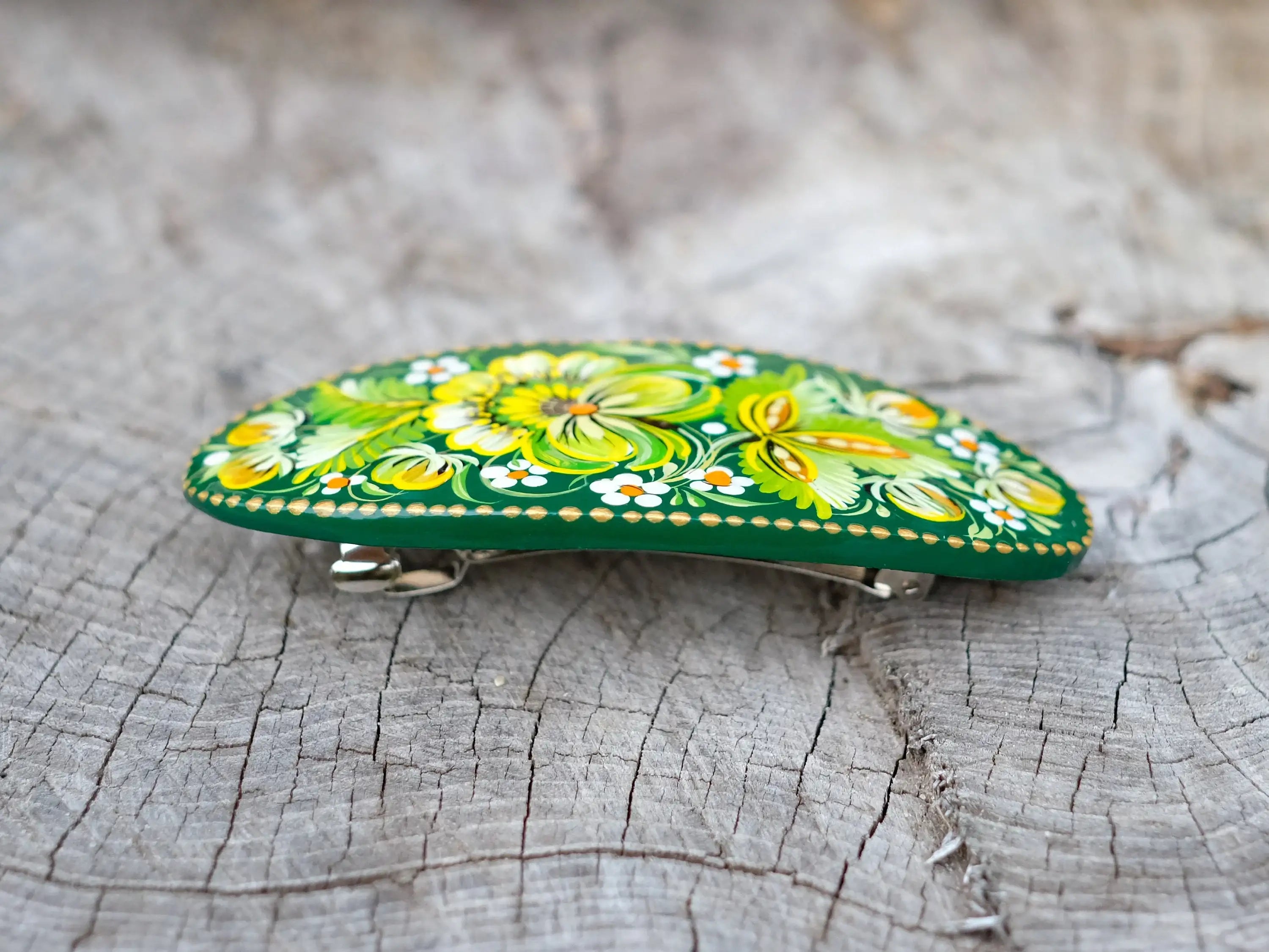 Painted Wooden Green Flower Hair Barrette - Handmade Artisanal Petrykivka Art French Hair Clip