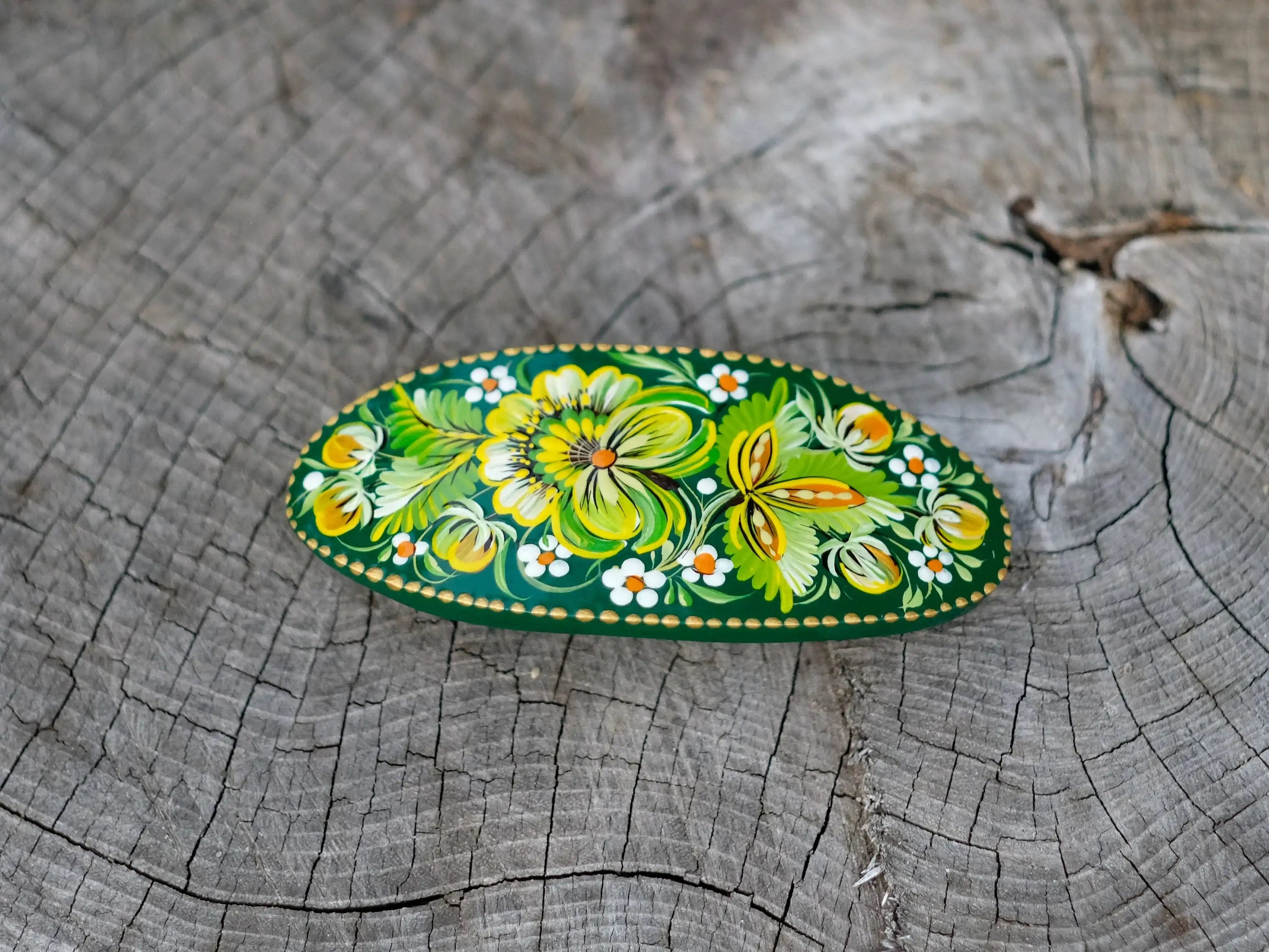 Painted Wooden Green Flower Hair Barrette - Handmade Artisanal Petrykivka Art French Hair Clip