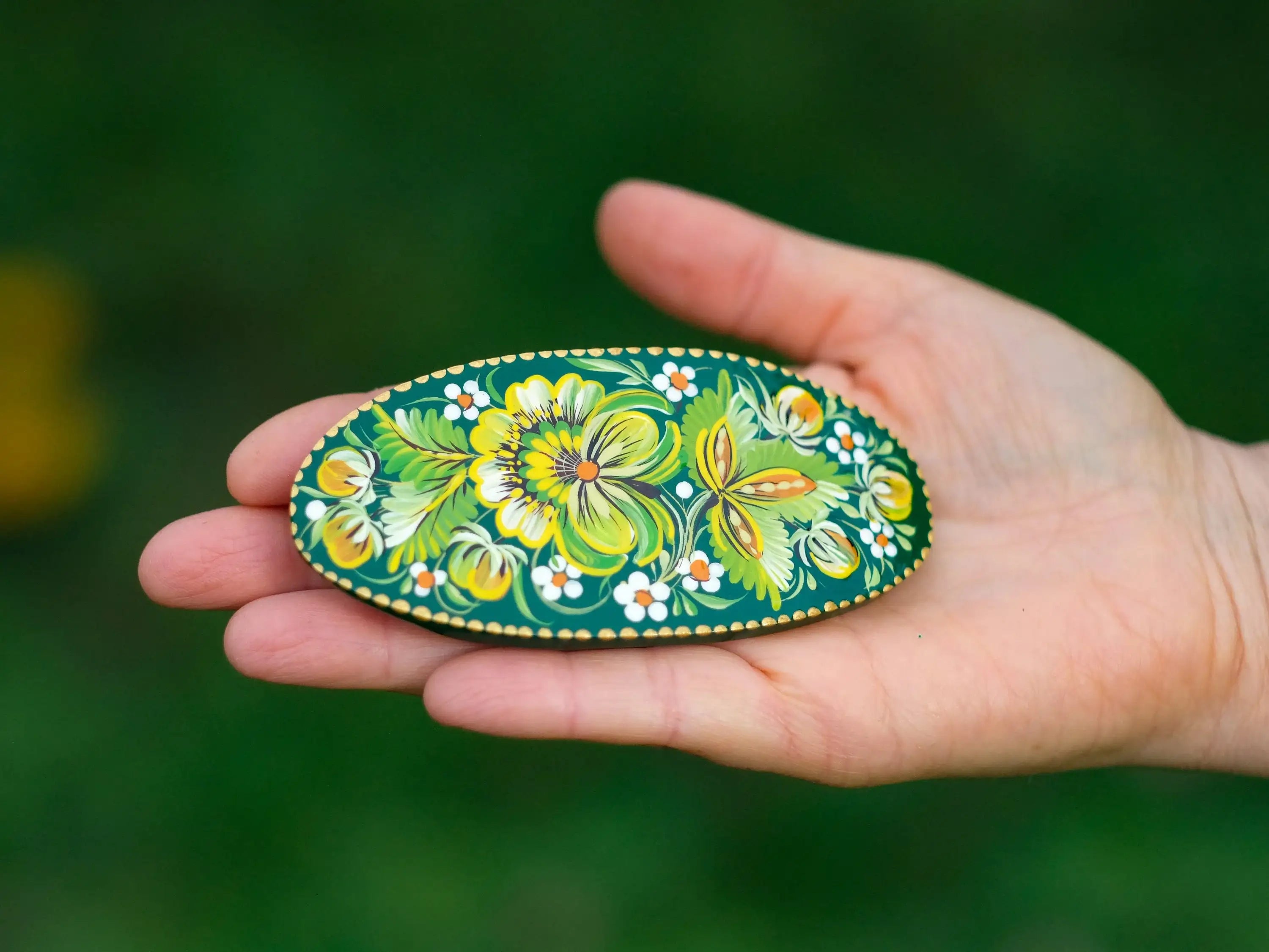 Painted Wooden Green Flower Hair Barrette - Handmade Artisanal Petrykivka Art French Hair Clip