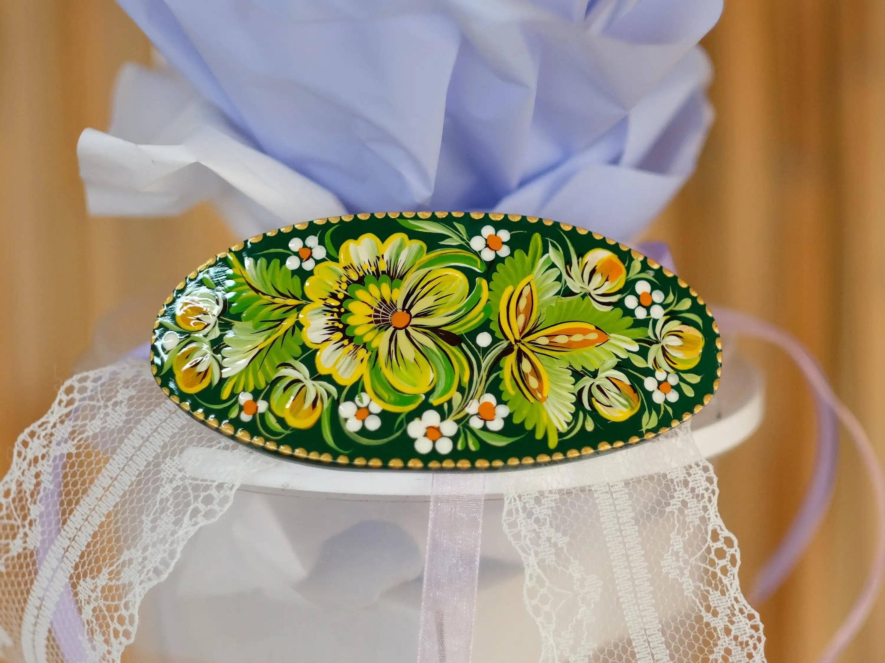 Painted Wooden Green Flower Hair Barrette - Handmade Artisanal Petrykivka Art French Hair Clip