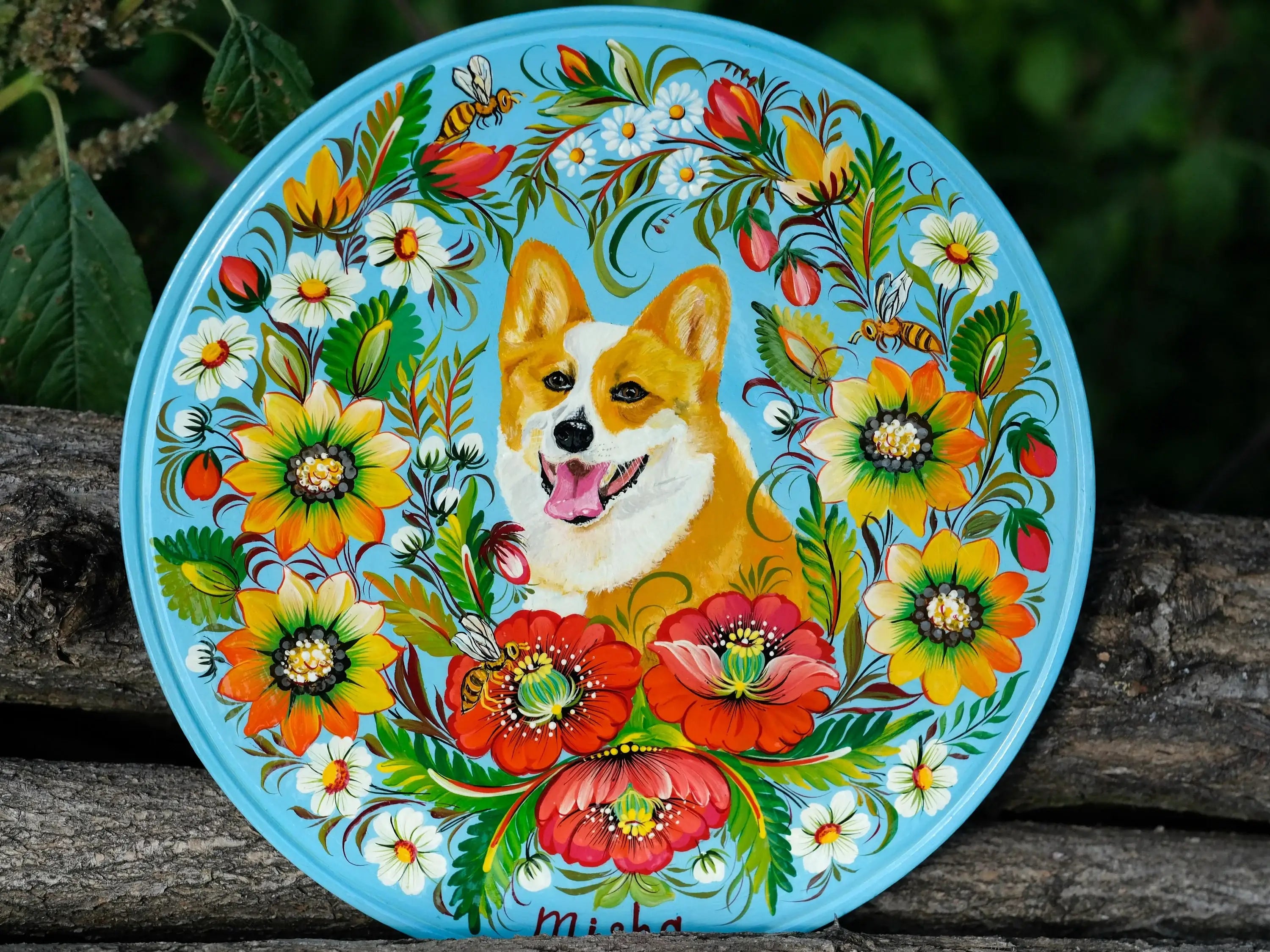 Custom Pet Portrait Painting on Wooden Plate - Personalized Pet Loss Memorial Gift, Animal Portrait Decorated with Petrykivka Art