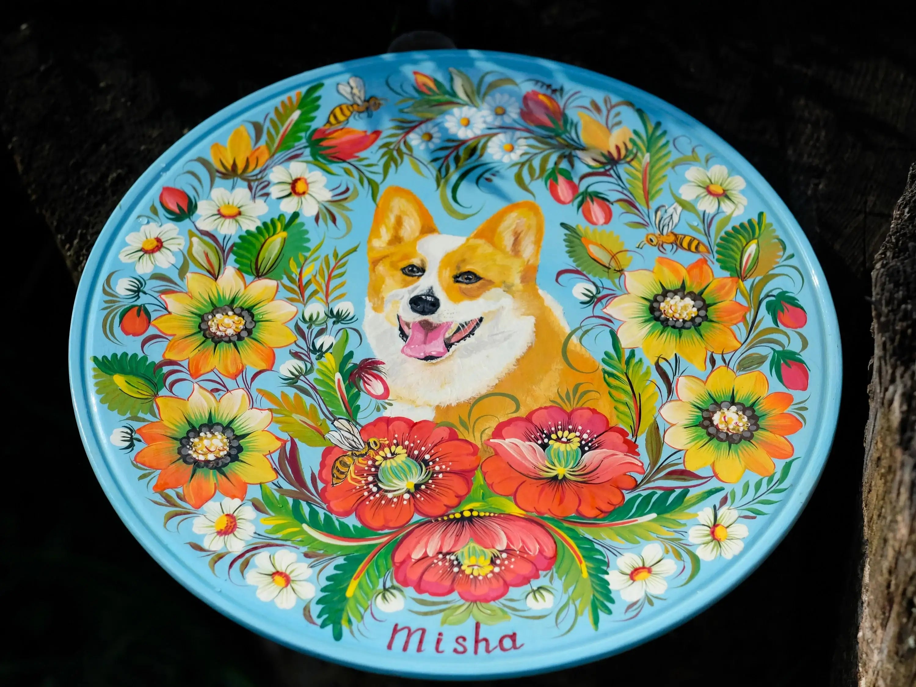 Custom Pet Portrait Painting on Wooden Plate - Personalized Pet Loss Memorial Gift, Animal Portrait Decorated with Petrykivka Art