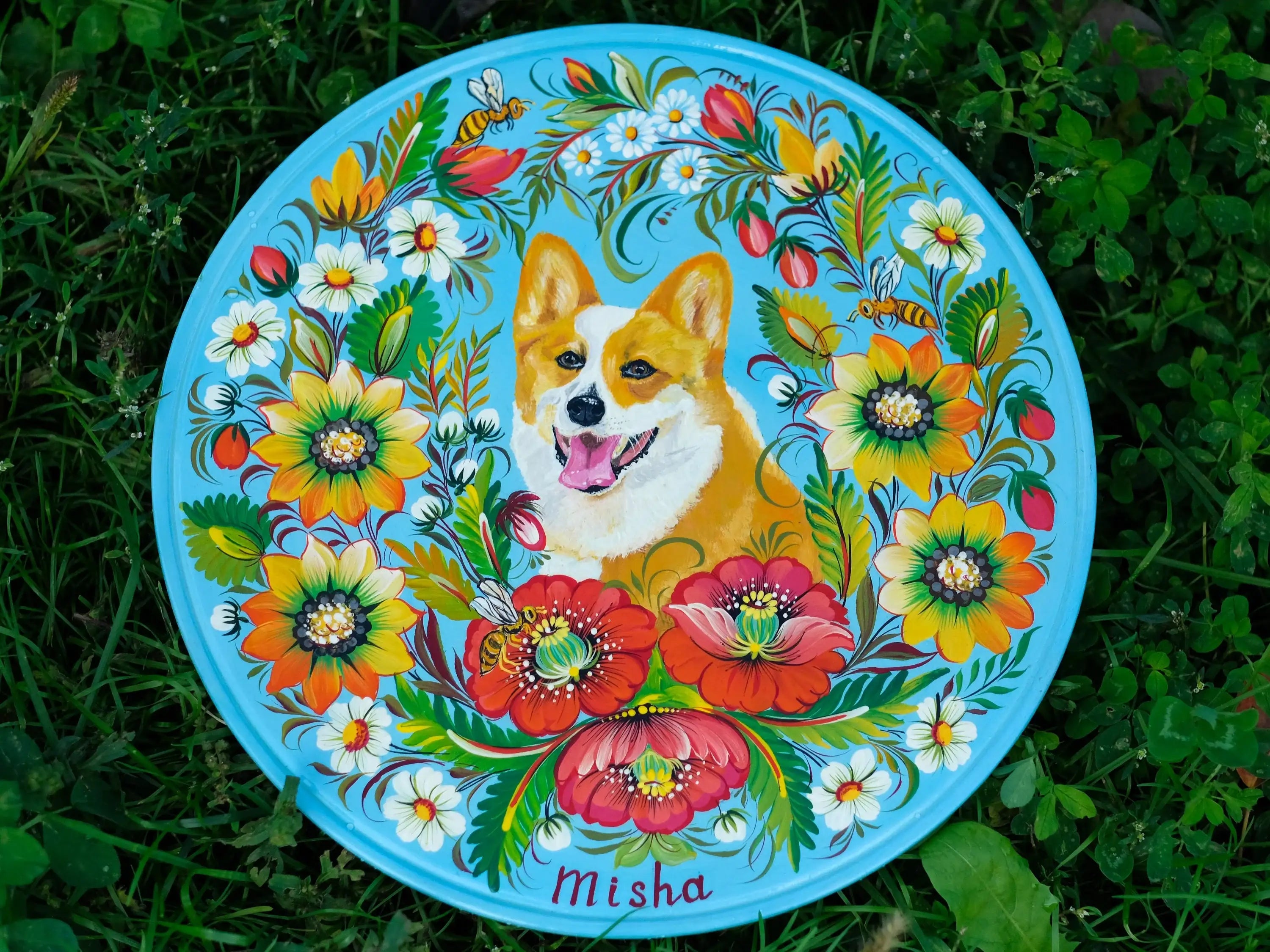 Custom Pet Portrait Painting on Wooden Plate - Personalized Pet Loss Memorial Gift, Animal Portrait Decorated with Petrykivka Art