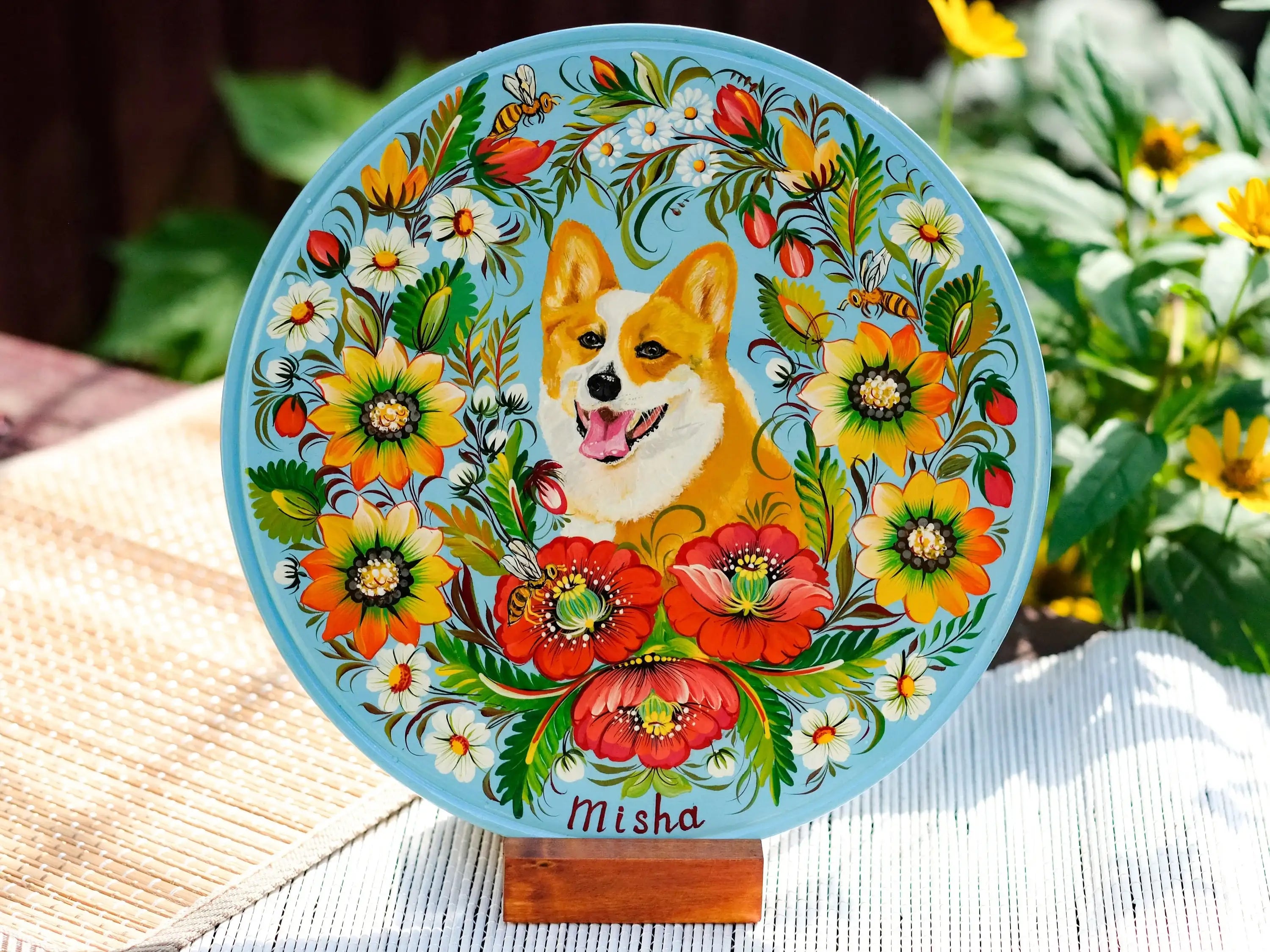 Custom Pet Portrait Painting on Wooden Plate - Personalized Pet Loss Memorial Gift, Animal Portrait Decorated with Petrykivka Art