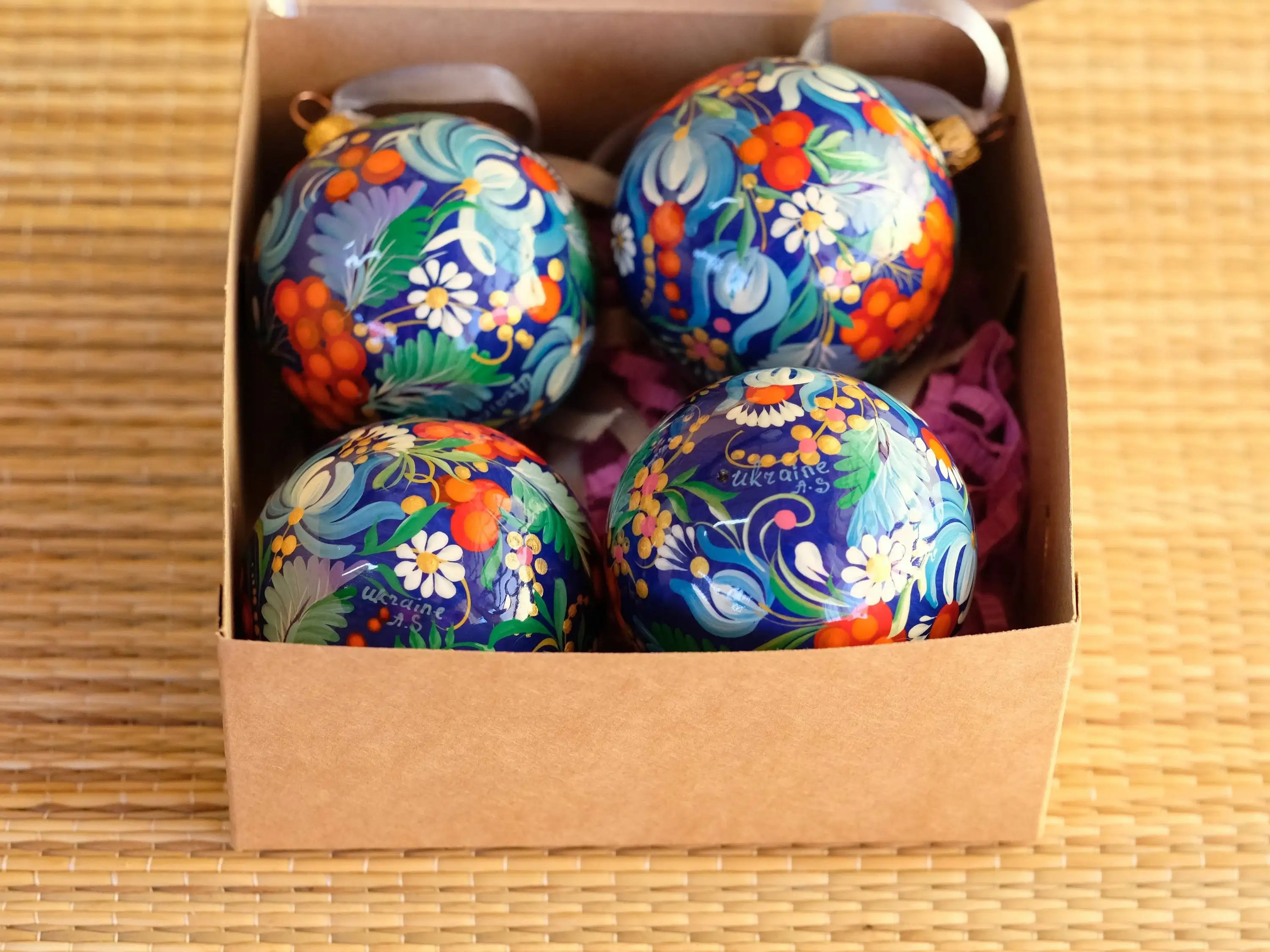 Hand-painted Set of 4 Red & Blue Flower Christmas Ball Ornaments 2.4 in - Petrykivka Folk Art, Gift-wrapped