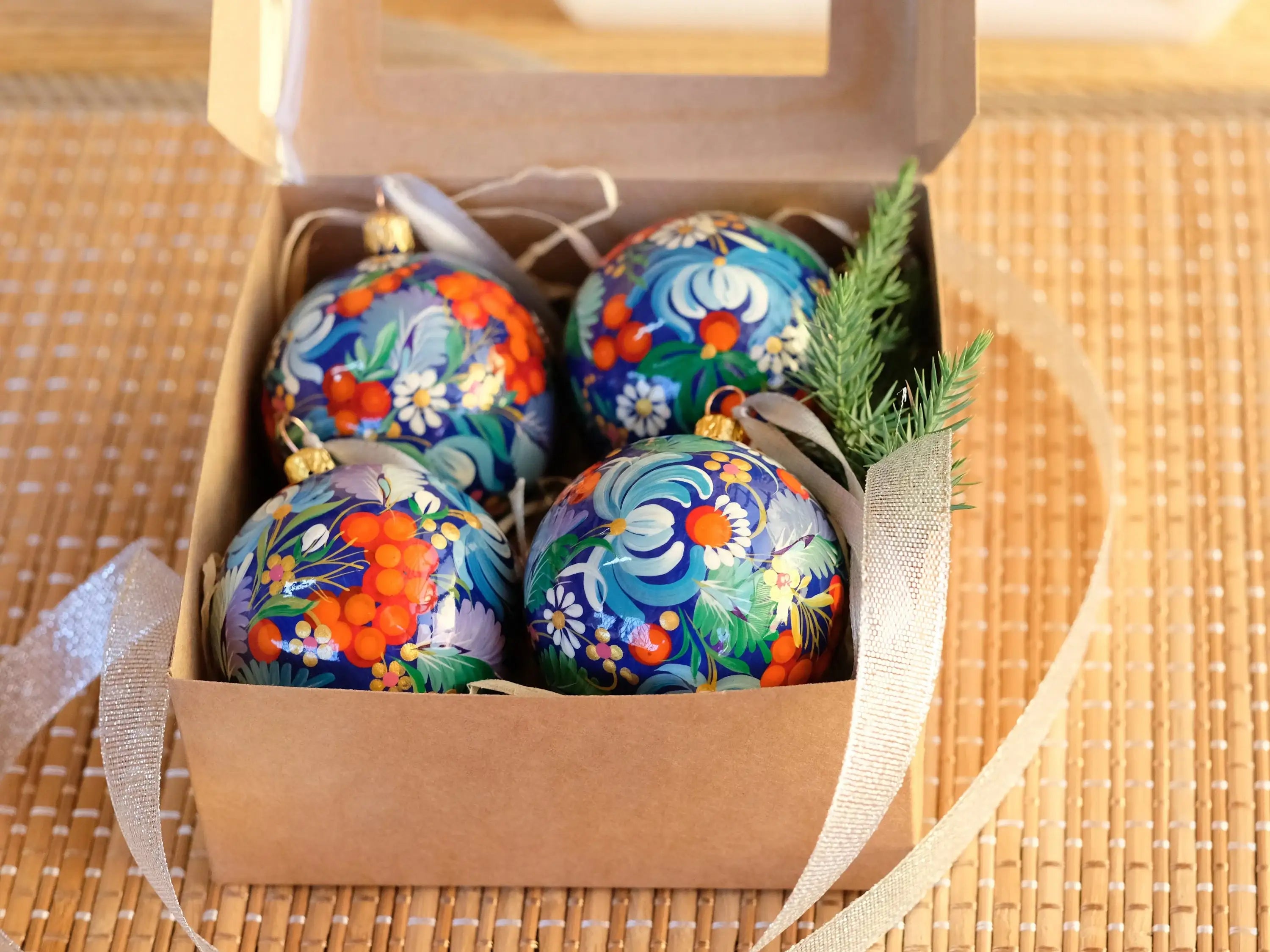 Hand-painted Set of 4 Red & Blue Flower Christmas Ball Ornaments 2.4 in - Petrykivka Folk Art, Gift-wrapped