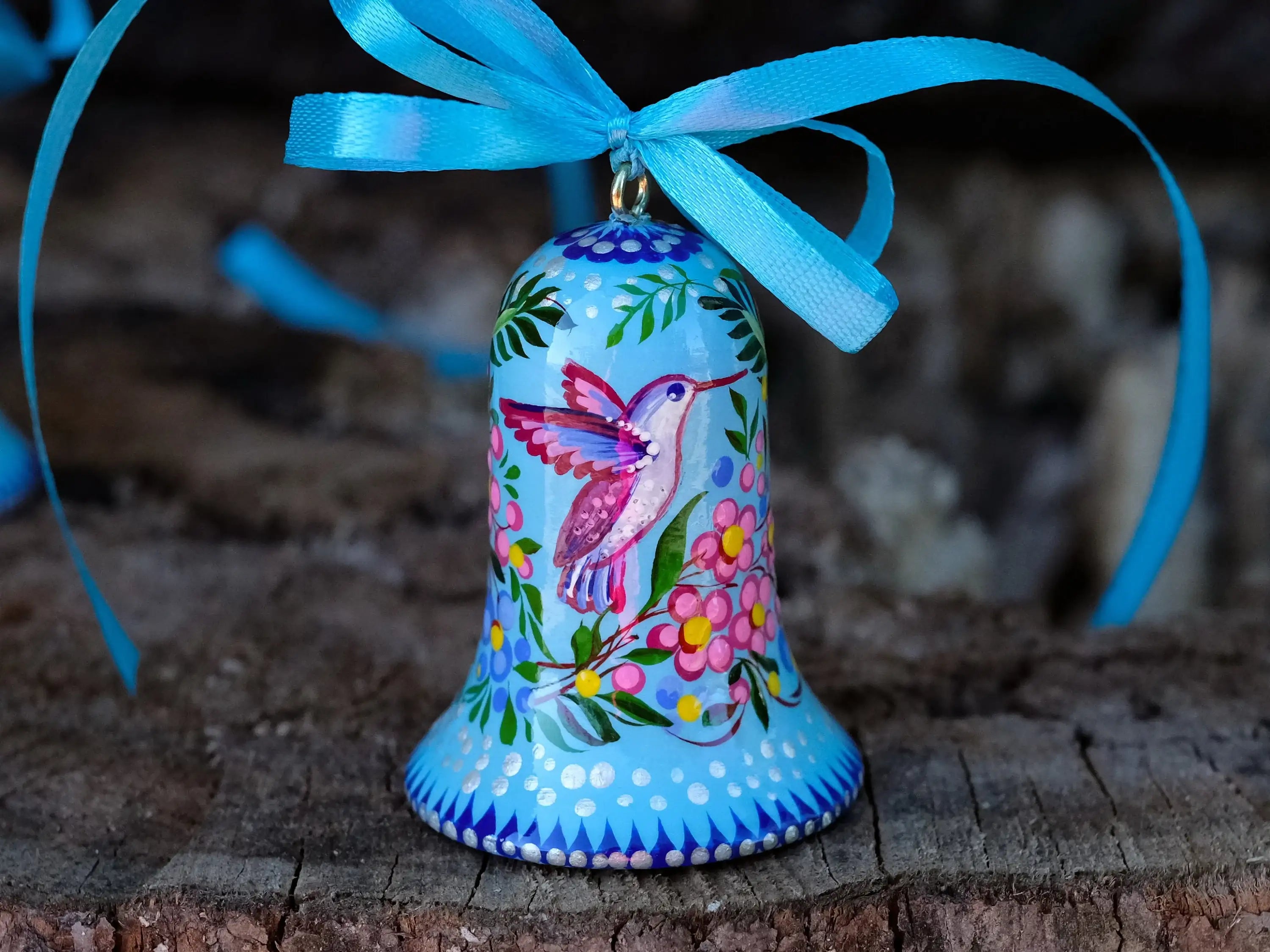 Painted Wooden Hummingbird Easter Bell Ornament