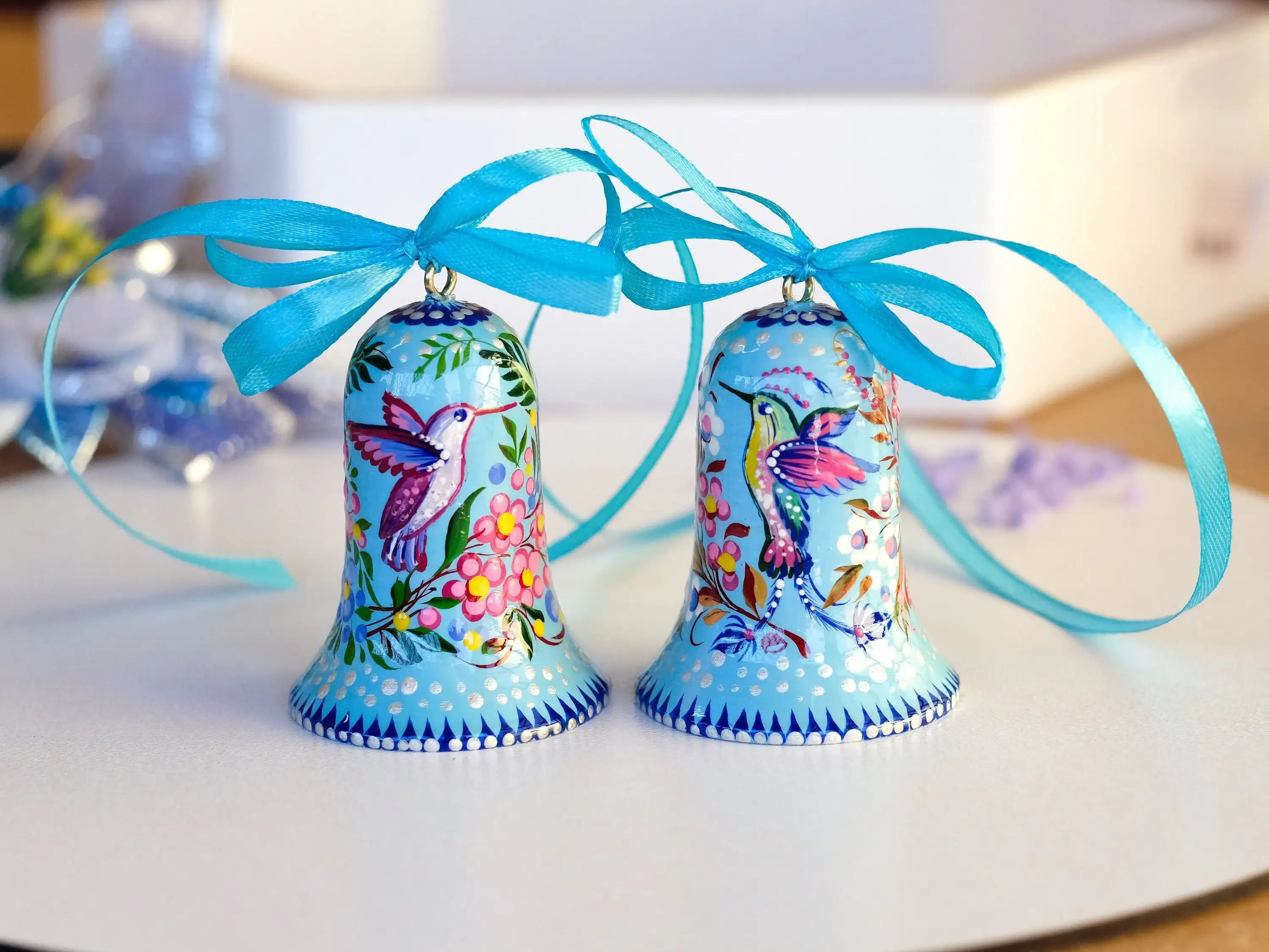 Painted Wooden Hummingbird Easter Bell Ornament