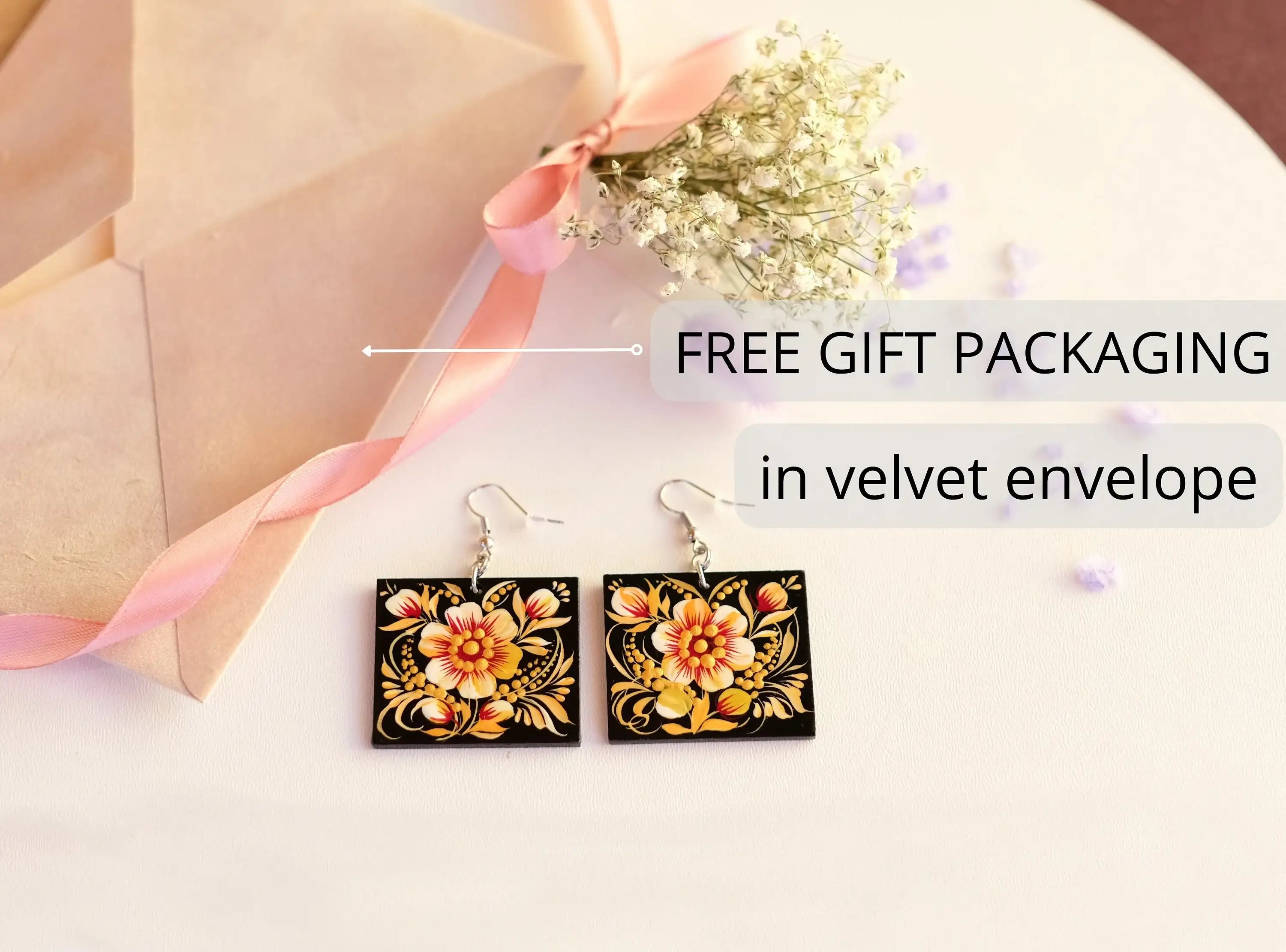 Handmade Hypoallergenic Wooden Earrings - Dangle Drop Beige Flower Artisanal Statement Earrings, Square