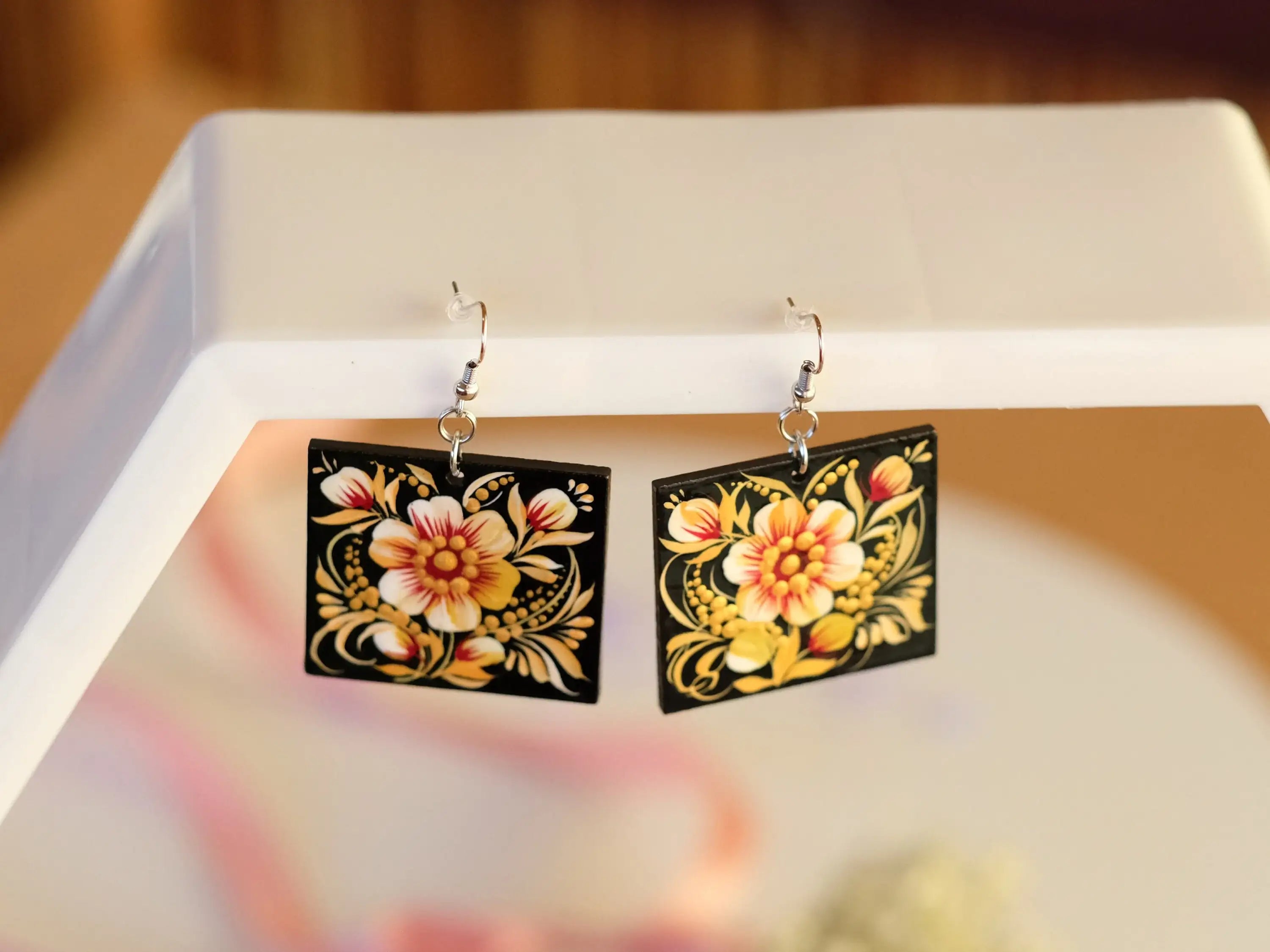 Handmade Hypoallergenic Wooden Earrings - Dangle Drop Beige Flower Artisanal Statement Earrings, Square
