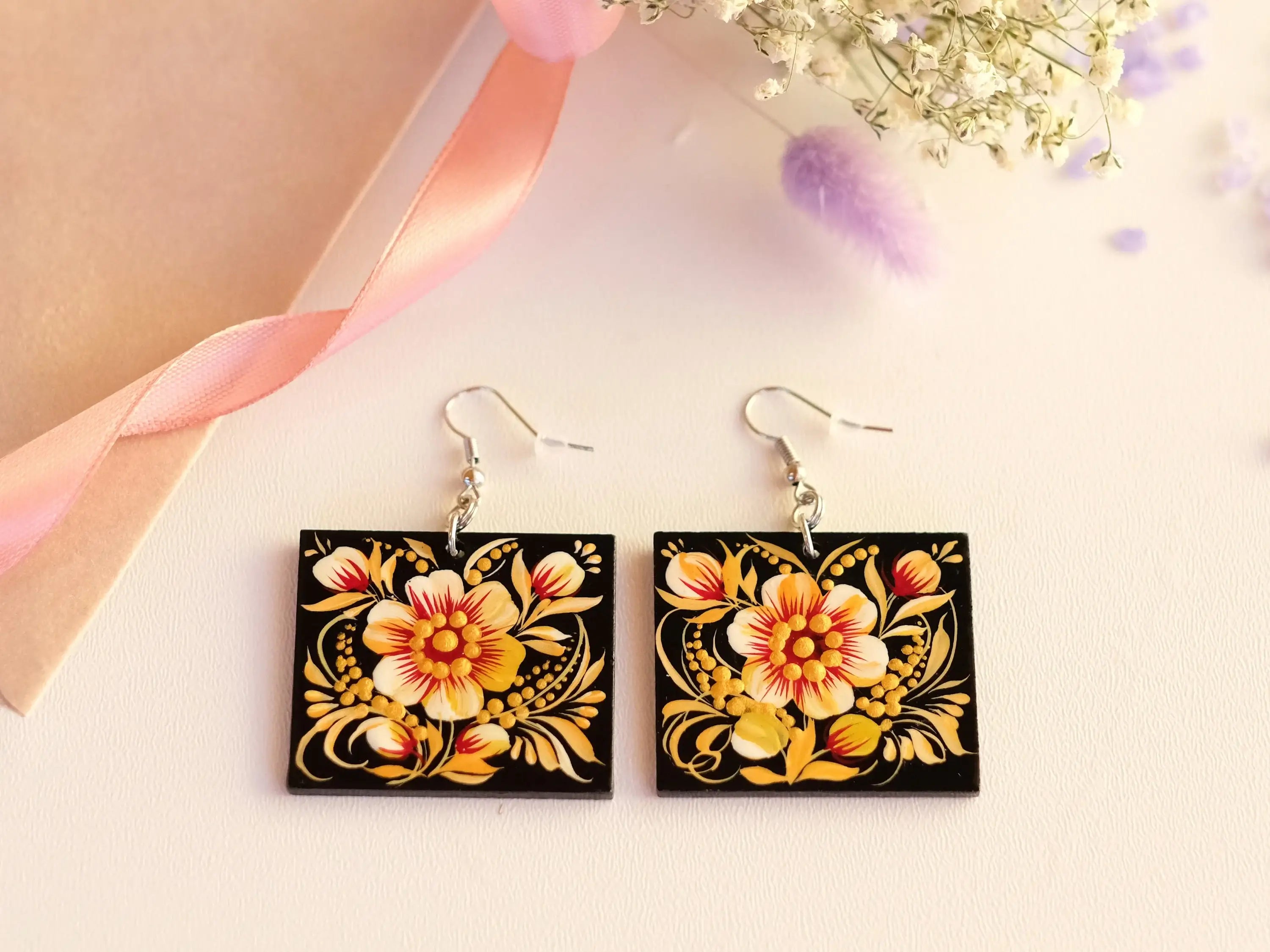 Handmade Hypoallergenic Wooden Earrings - Dangle Drop Beige Flower Artisanal Statement Earrings, Square