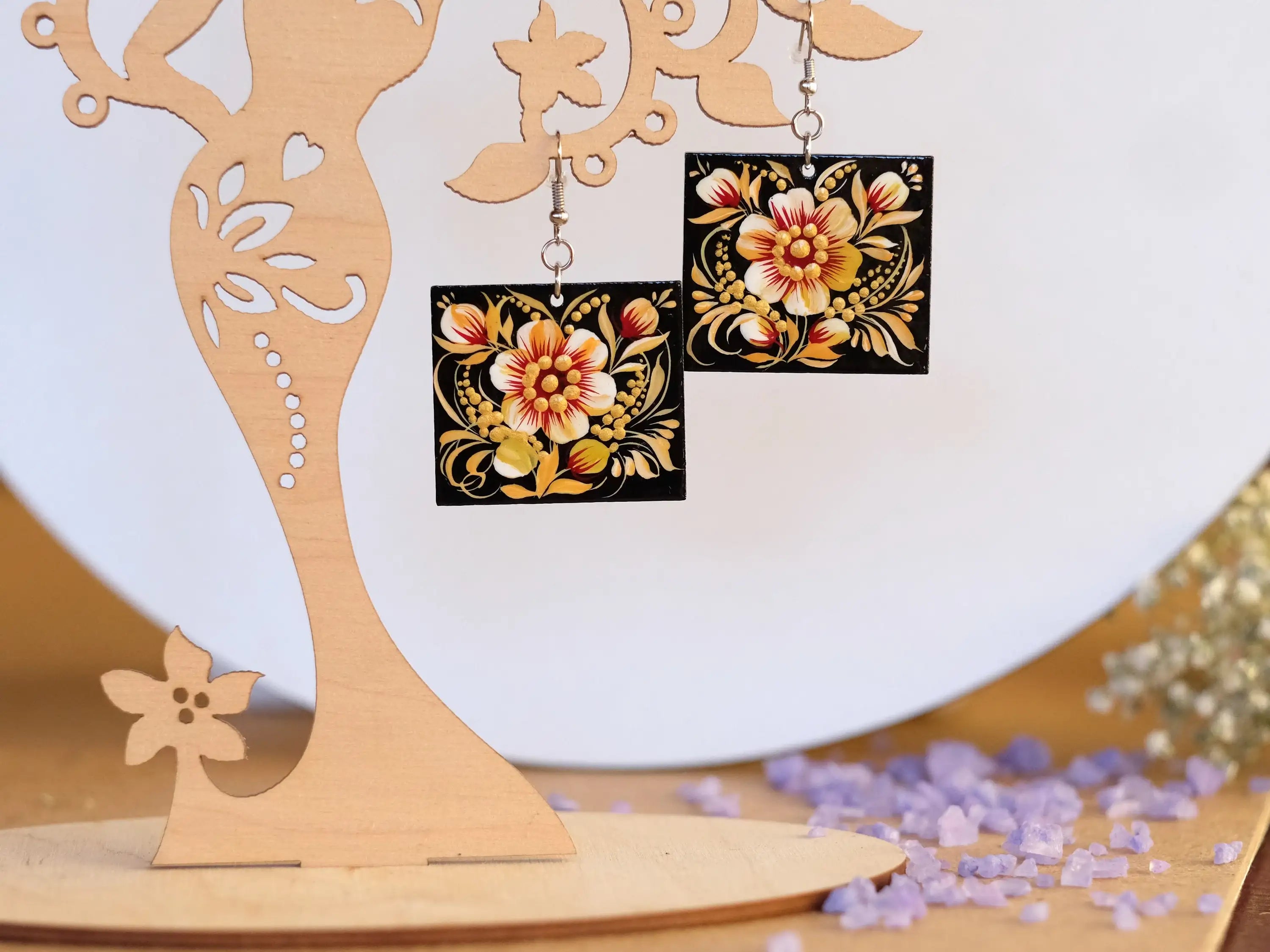 Handmade Hypoallergenic Wooden Earrings - Dangle Drop Beige Flower Artisanal Statement Earrings, Square