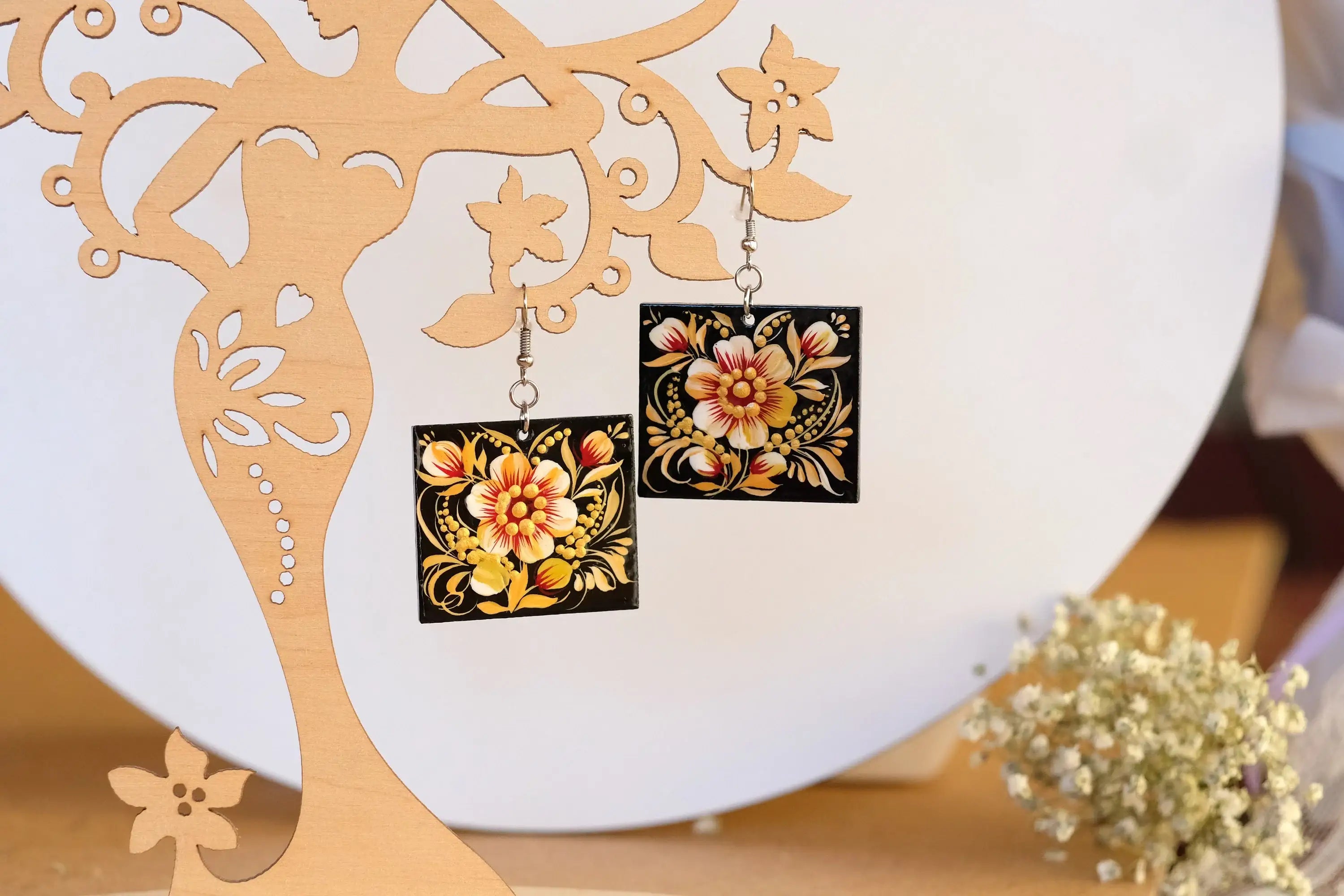 Handmade Hypoallergenic Wooden Earrings - Dangle Drop Beige Flower Artisanal Statement Earrings, Square