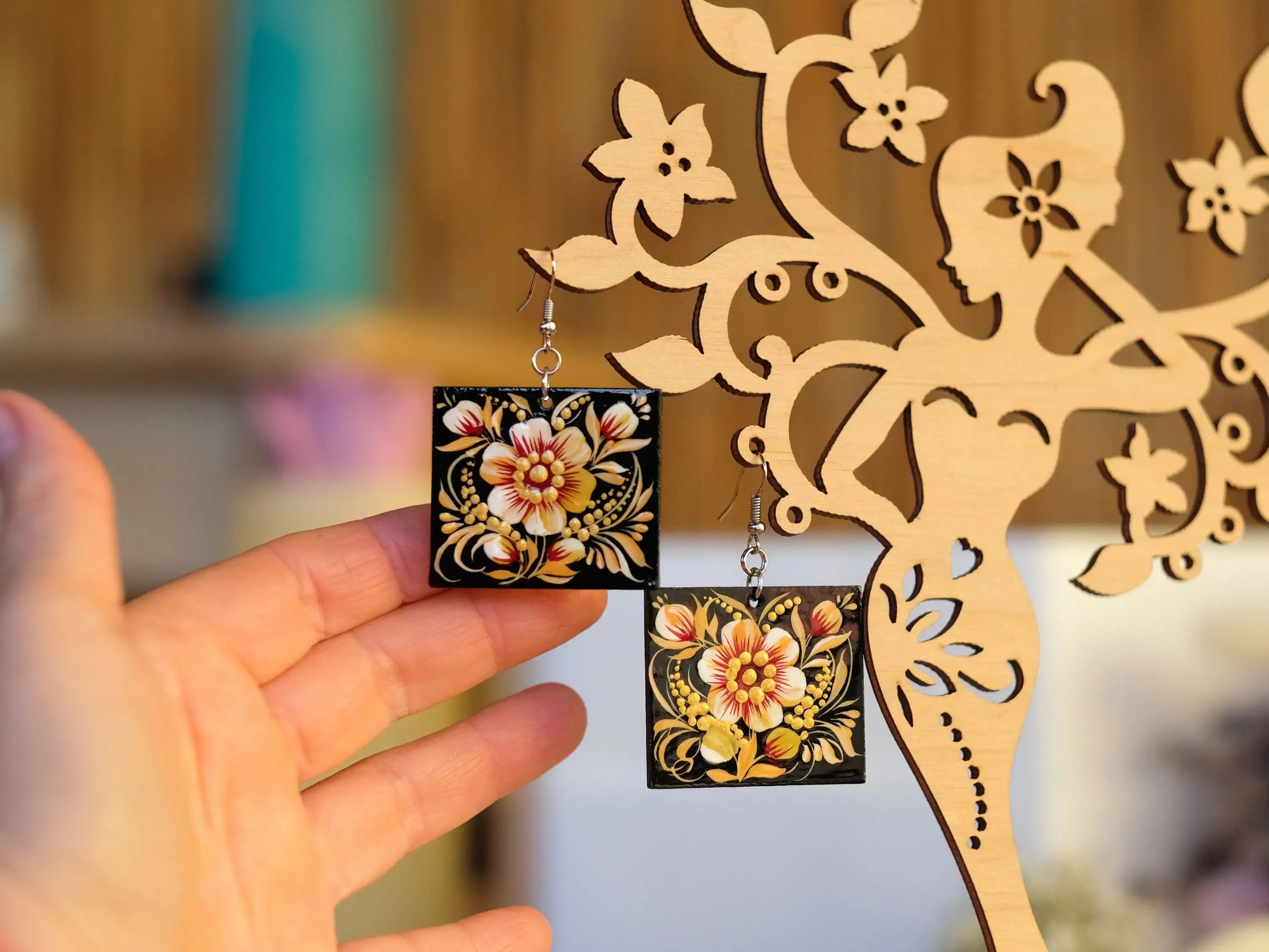 Handmade Hypoallergenic Wooden Earrings - Dangle Drop Beige Flower Artisanal Statement Earrings, Square