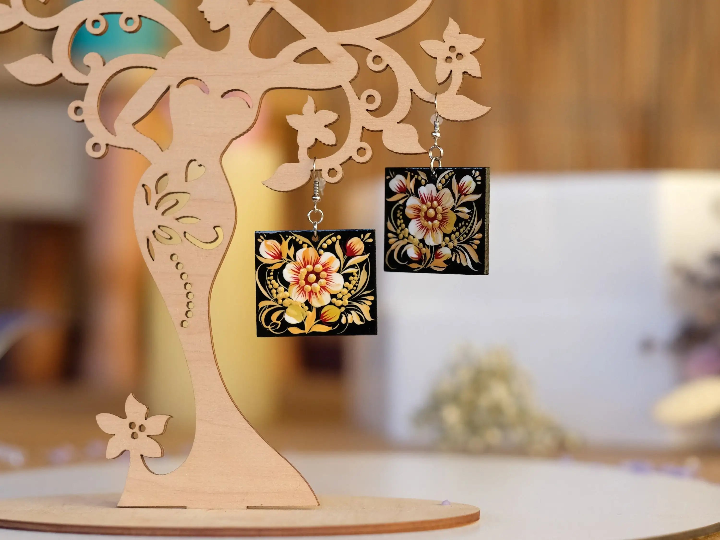 Handmade Hypoallergenic Wooden Earrings - Dangle Drop Beige Flower Artisanal Statement Earrings, Square