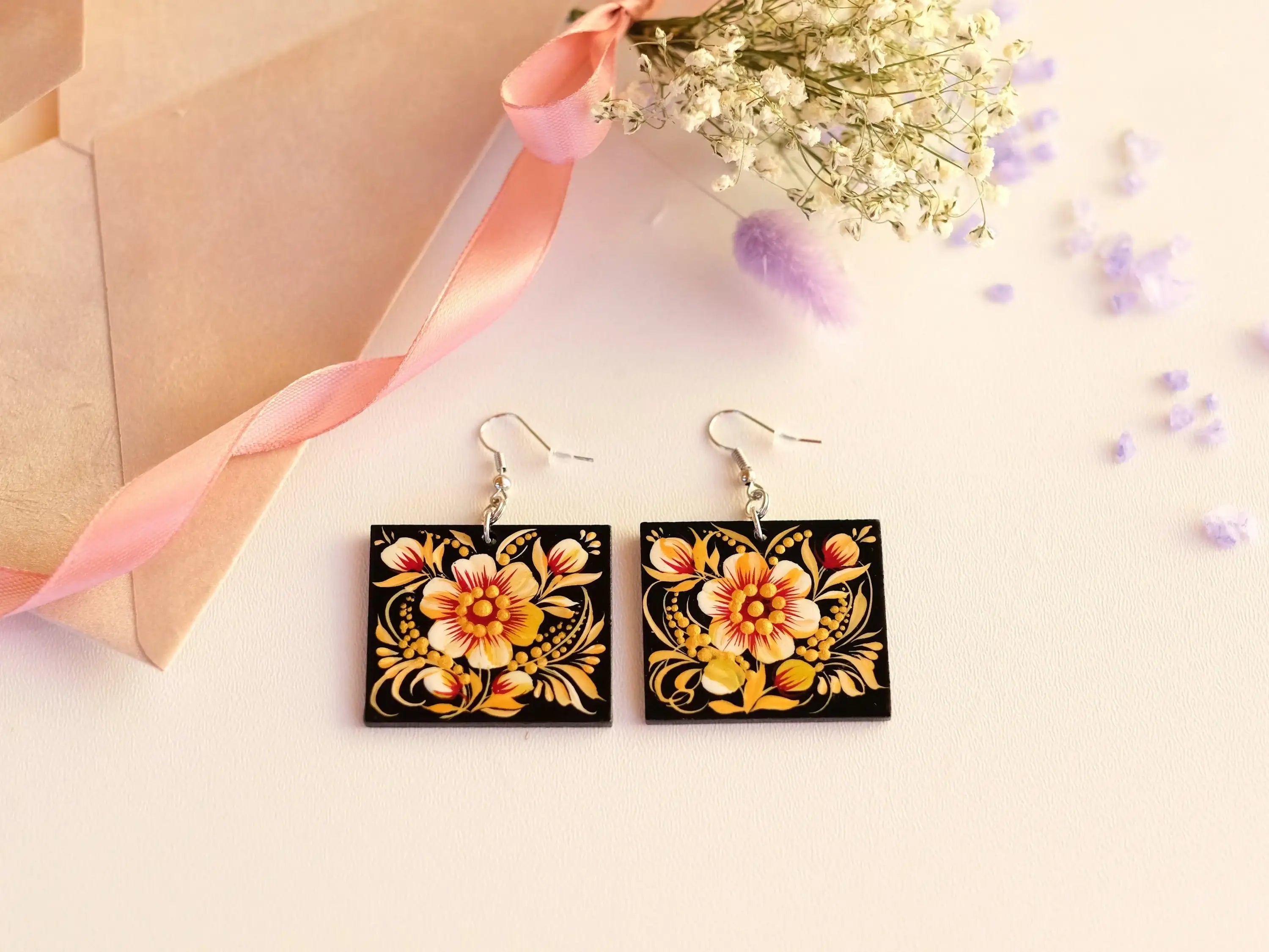 Handmade Hypoallergenic Wooden Earrings - Dangle Drop Beige Flower Artisanal Statement Earrings, Square