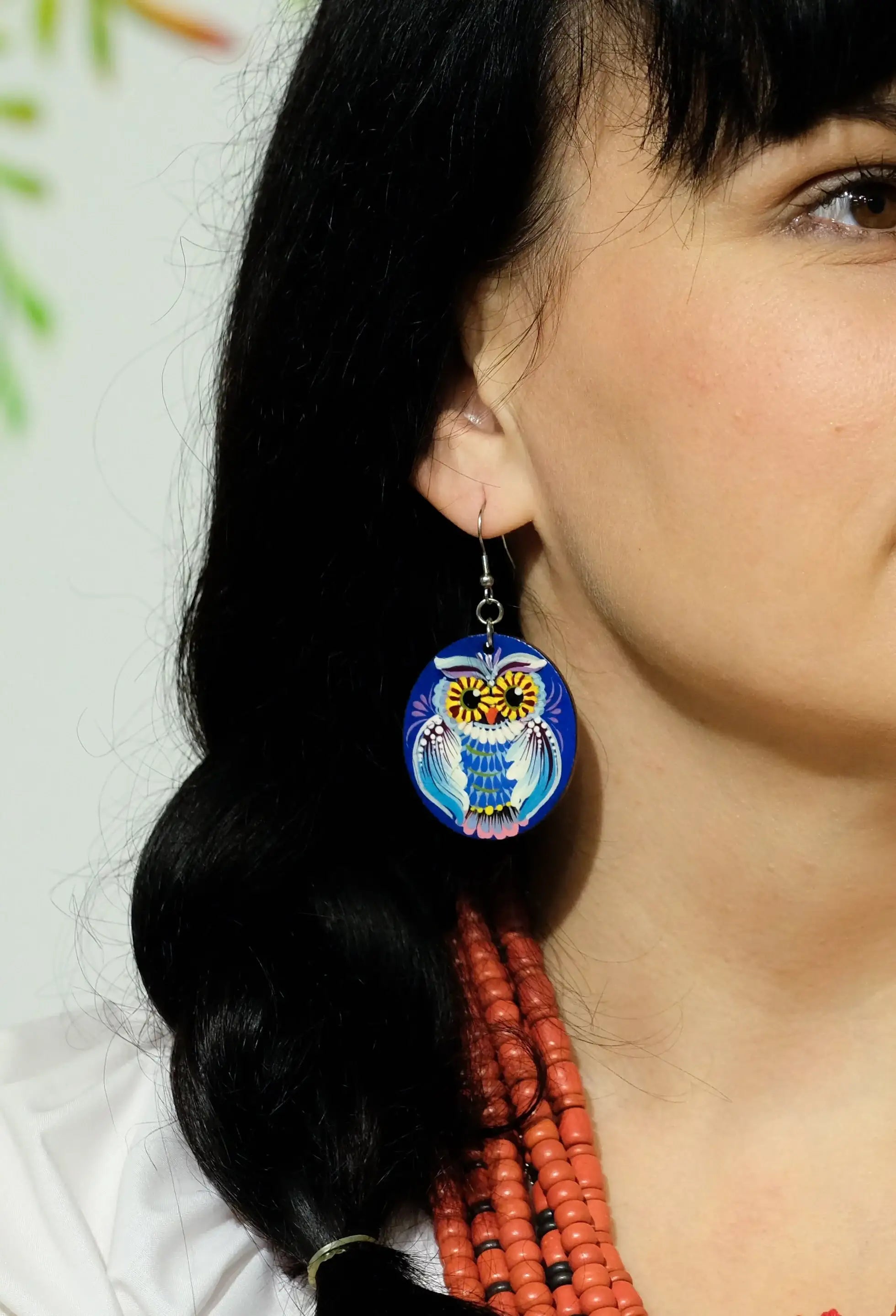 Painted Hypoallergenic Wooden Dangle Drop Owl Earrings - Petrykivka Art, Oval Blue Statement Earrings