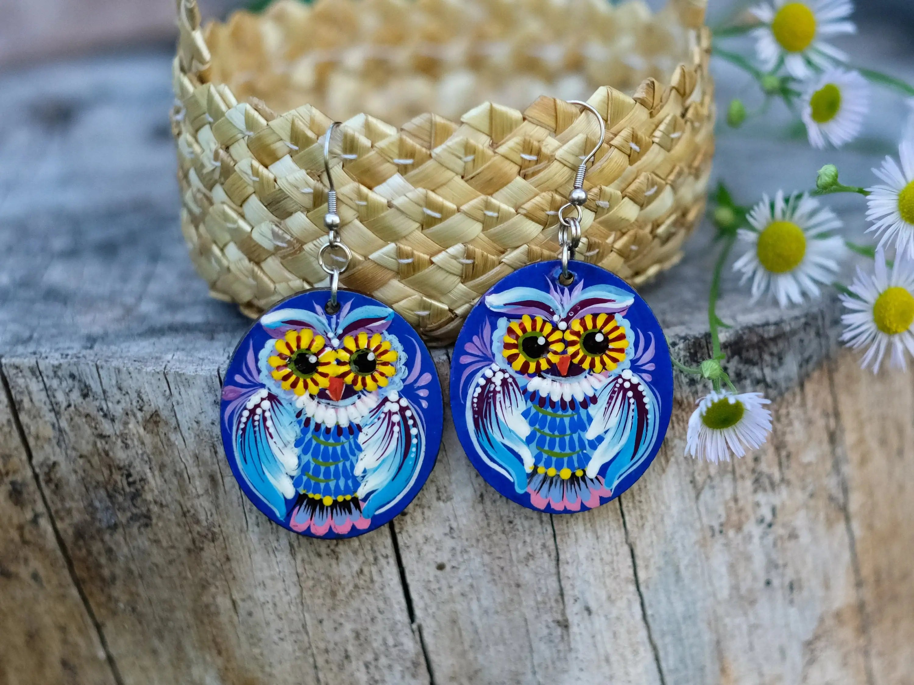 Painted Hypoallergenic Wooden Dangle Drop Owl Earrings - Petrykivka Art, Oval Blue Statement Earrings