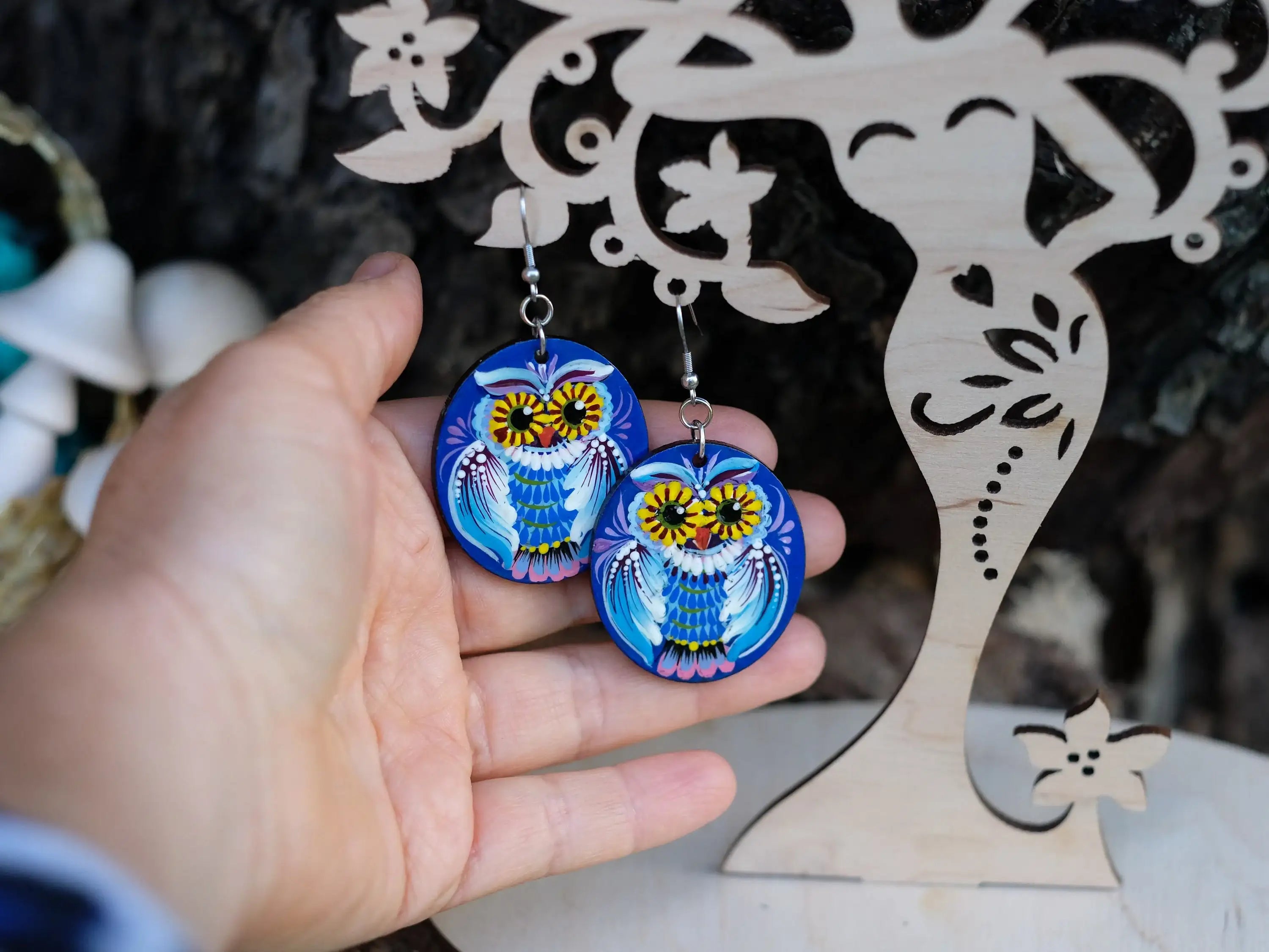 Painted Hypoallergenic Wooden Dangle Drop Owl Earrings - Petrykivka Art, Oval Blue Statement Earrings
