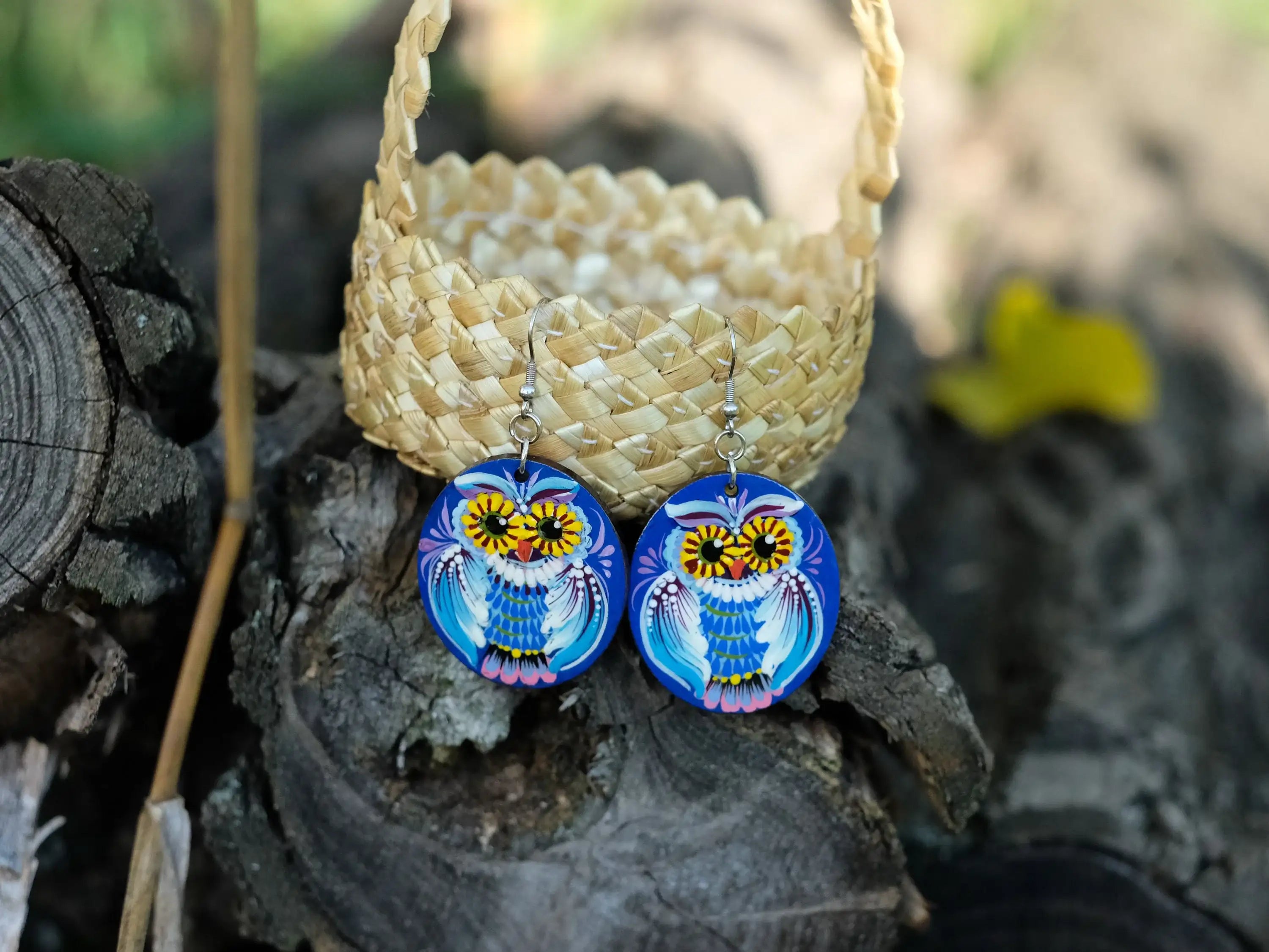 Painted Hypoallergenic Wooden Dangle Drop Owl Earrings - Petrykivka Art, Oval Blue Statement Earrings