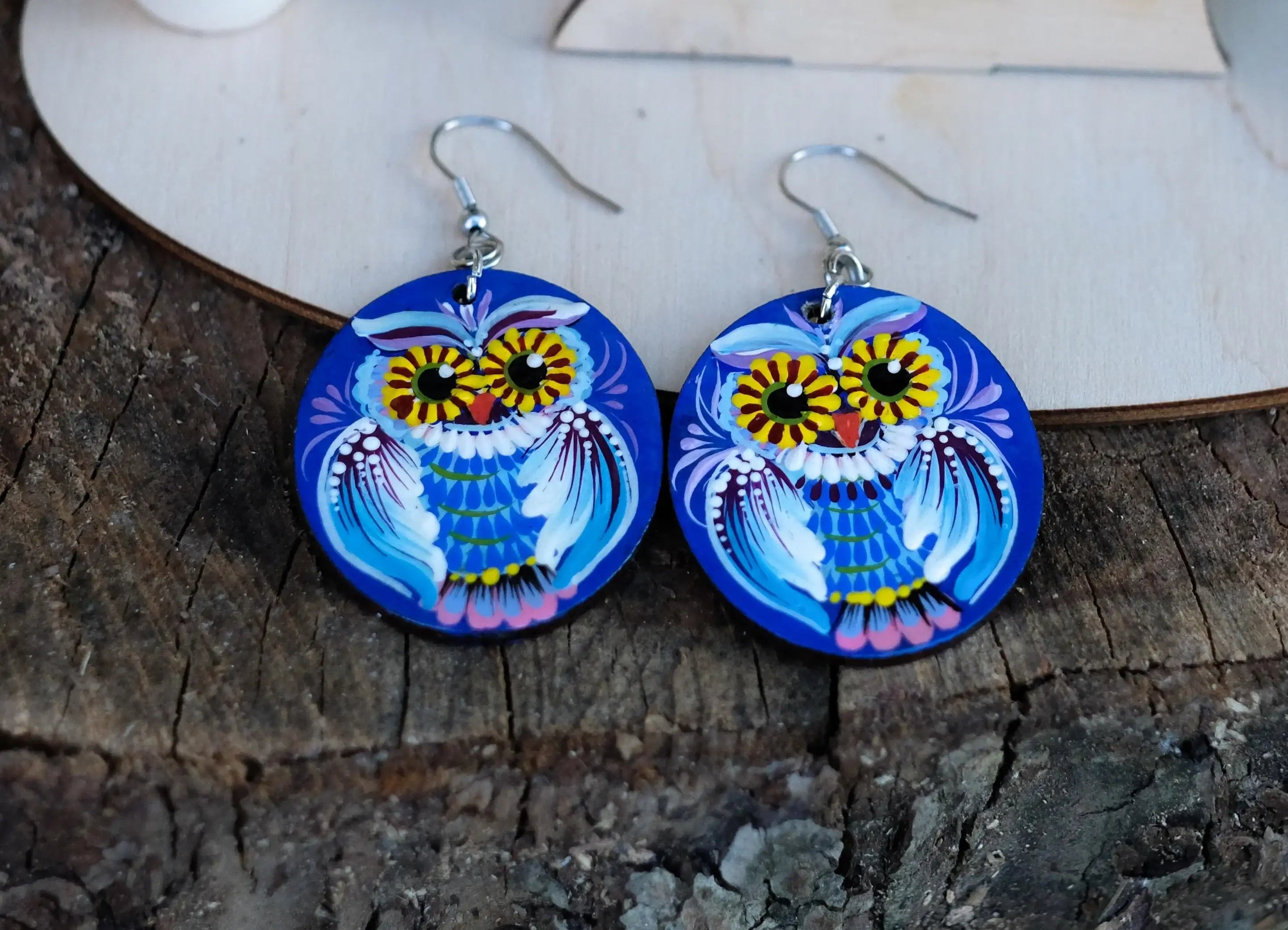Painted Hypoallergenic Wooden Dangle Drop Owl Earrings - Petrykivka Art, Oval Blue Statement Earrings