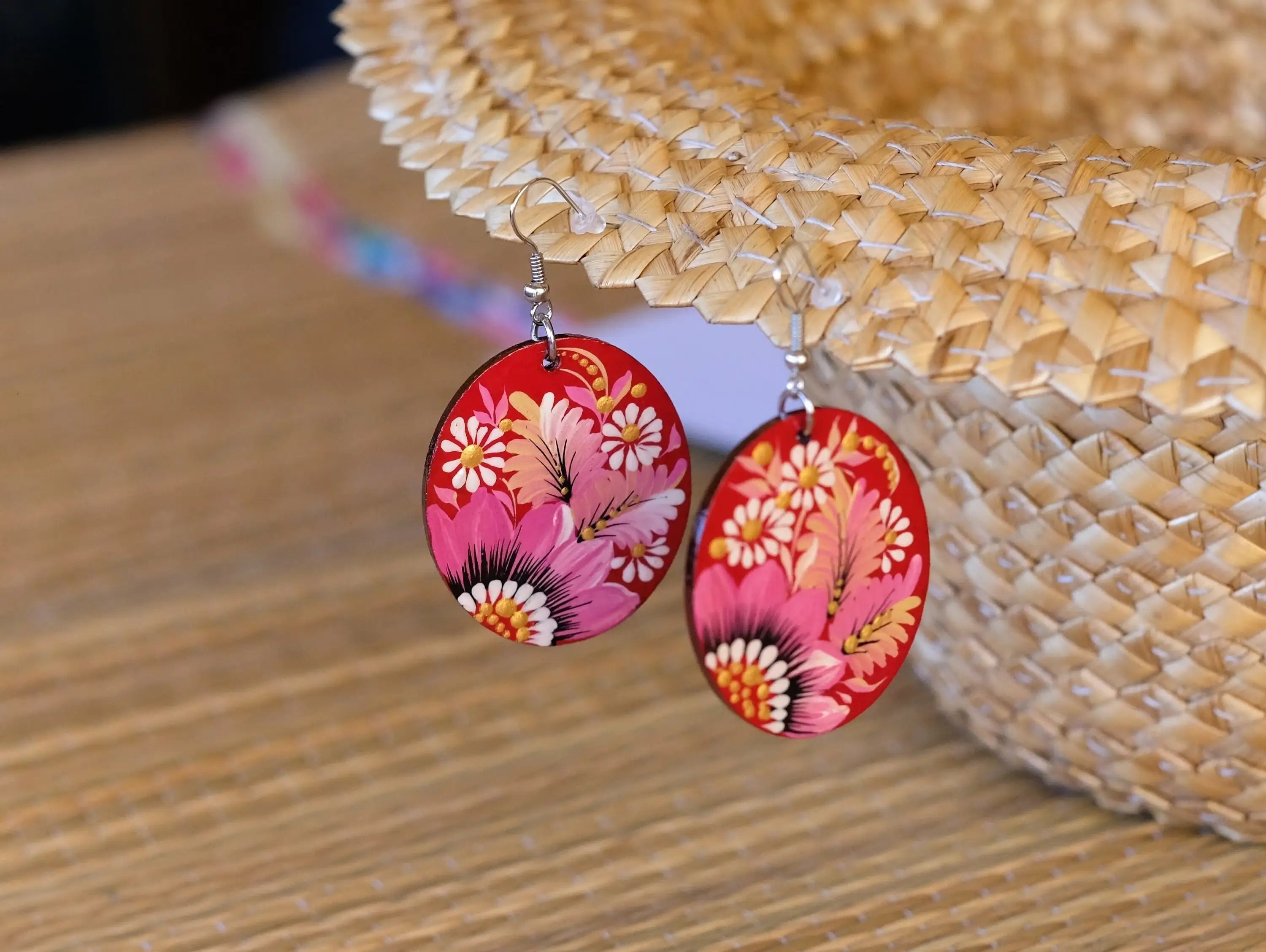 Hypoallergenic Painted Wooden Dangle Drop Earrings - Artisanal Pink Flower Petrykivka Art Oval Statement Earrings