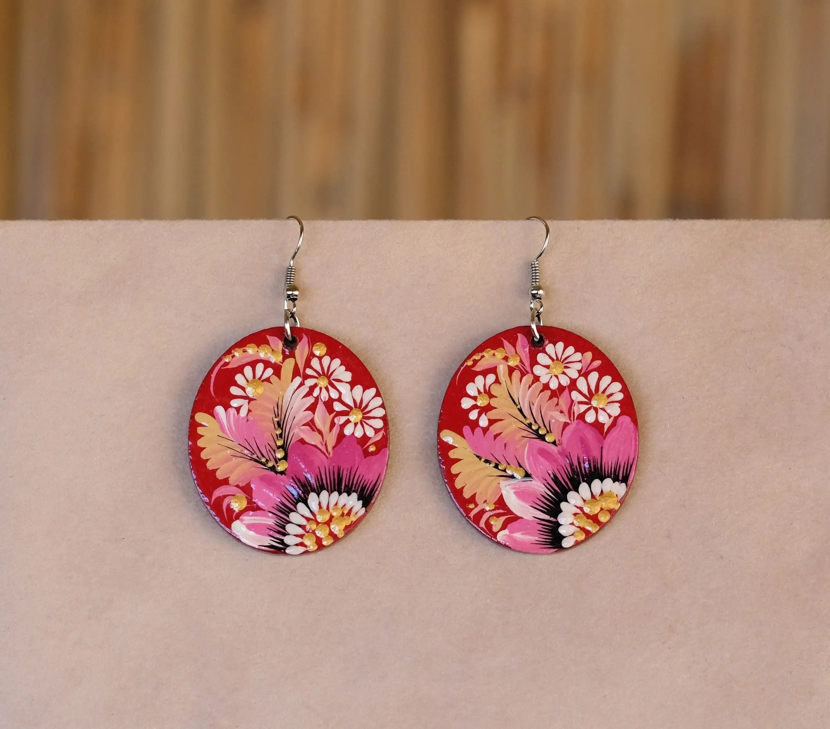 Hypoallergenic Painted Wooden Dangle Drop Earrings - Artisanal Pink Flower Petrykivka Art Oval Statement Earrings